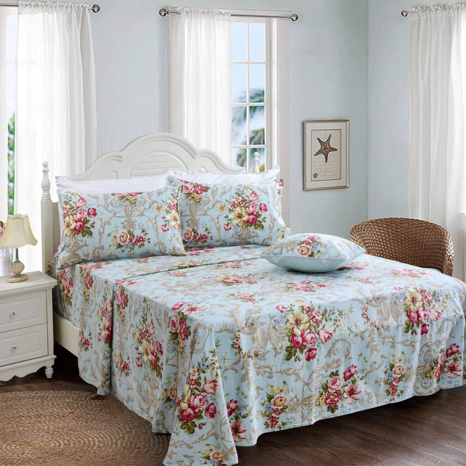 FADFAY – Textiles para el hogar, sabana floral, estilo rústico, sábanas estilo floral hermoso, para cama matrimonial, individual y queen, juego de 4