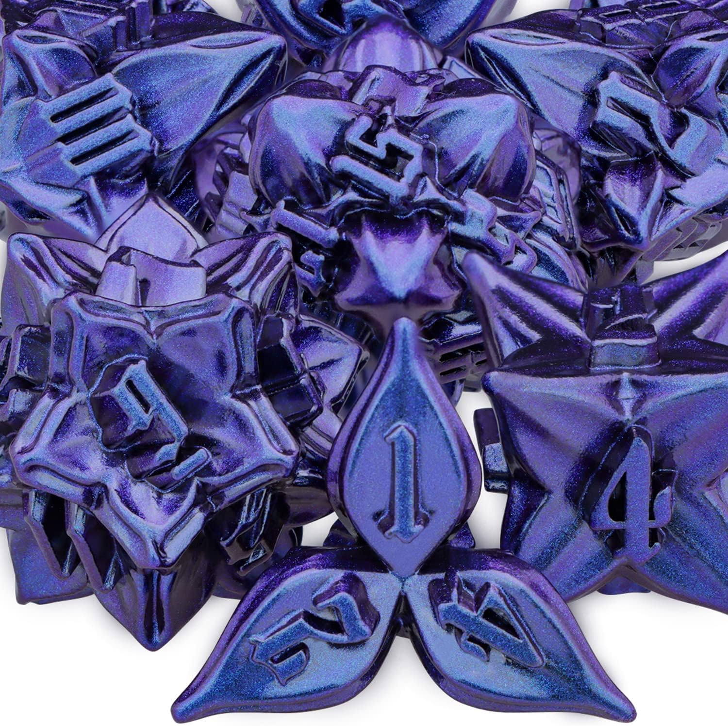 ARUOHHA DND – Juego de dados de metal con diseño de hojas de dragones y mazmorras azules, dados poliédricos D + D, hechos a mano, juego de rol D20
