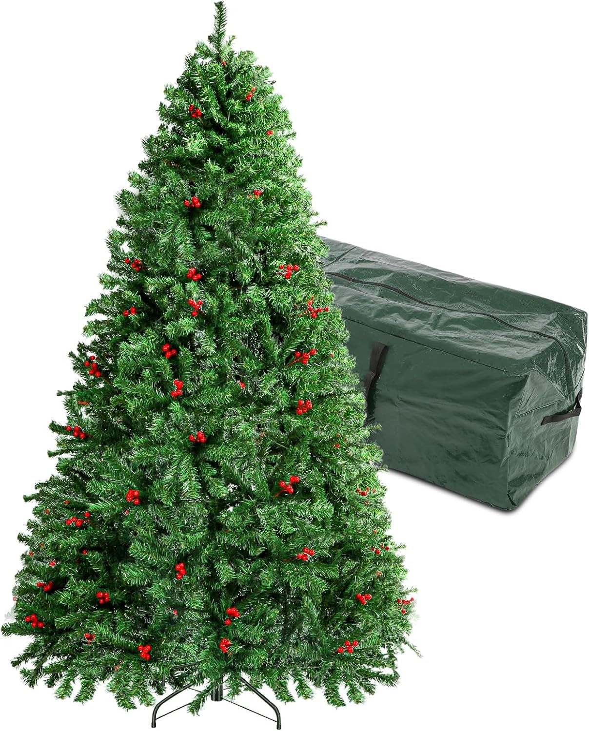 Árbol de Navidad artificial predecorado de 7.5 pies, árbol de Navidad navideño sin luz con 1346 puntas de rama, 84 bayas, base plegable y bolsa de