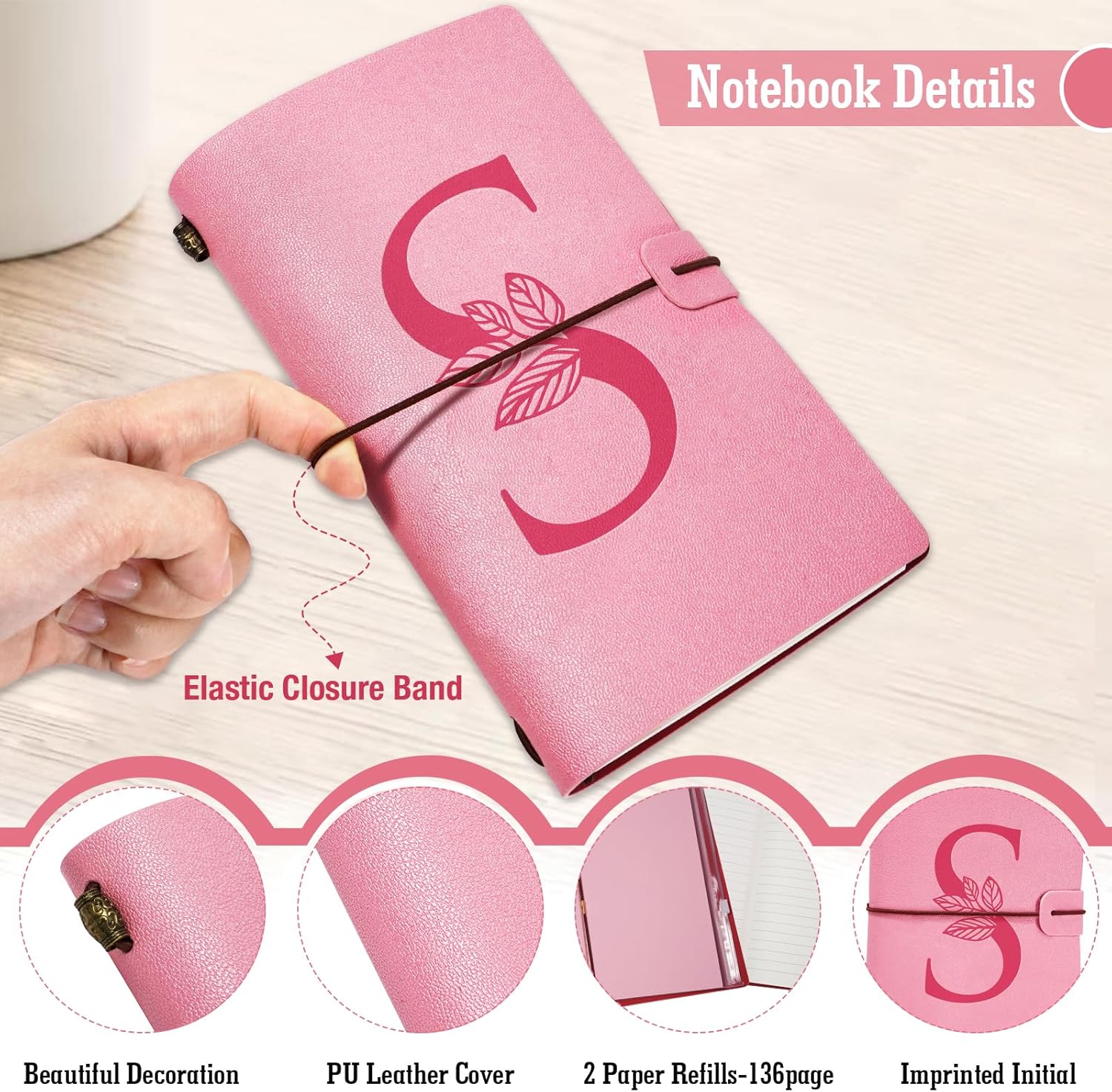 JEWPHX Diario personalizado para regalo, diario de cuero con inicial rosa + juego de bolígrafo de corazón de diamante, cuaderno de viaje, bloc de