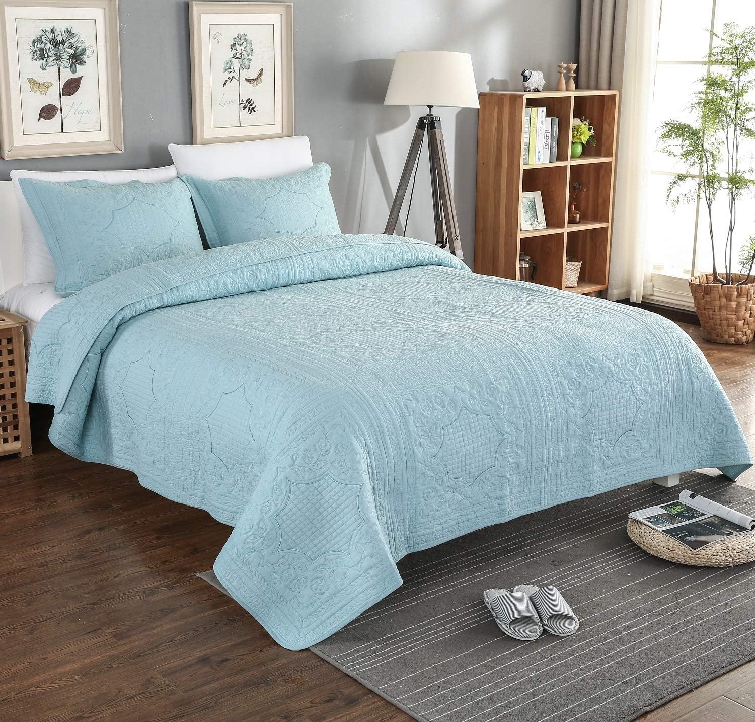 Brandream Juego de ropa de cama de lujo de granja 100% algodón, tamaño Queen, King, vintage, elegante, juego de colcha acolchada azul aguamarina (98