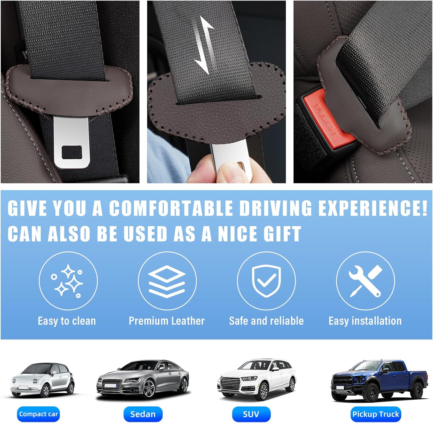 2 fundas para hebilla para cinturón de seguridad, de cuero antiarañazos, funda de clip silenciador para cinturón de seguridad, protector de hebilla