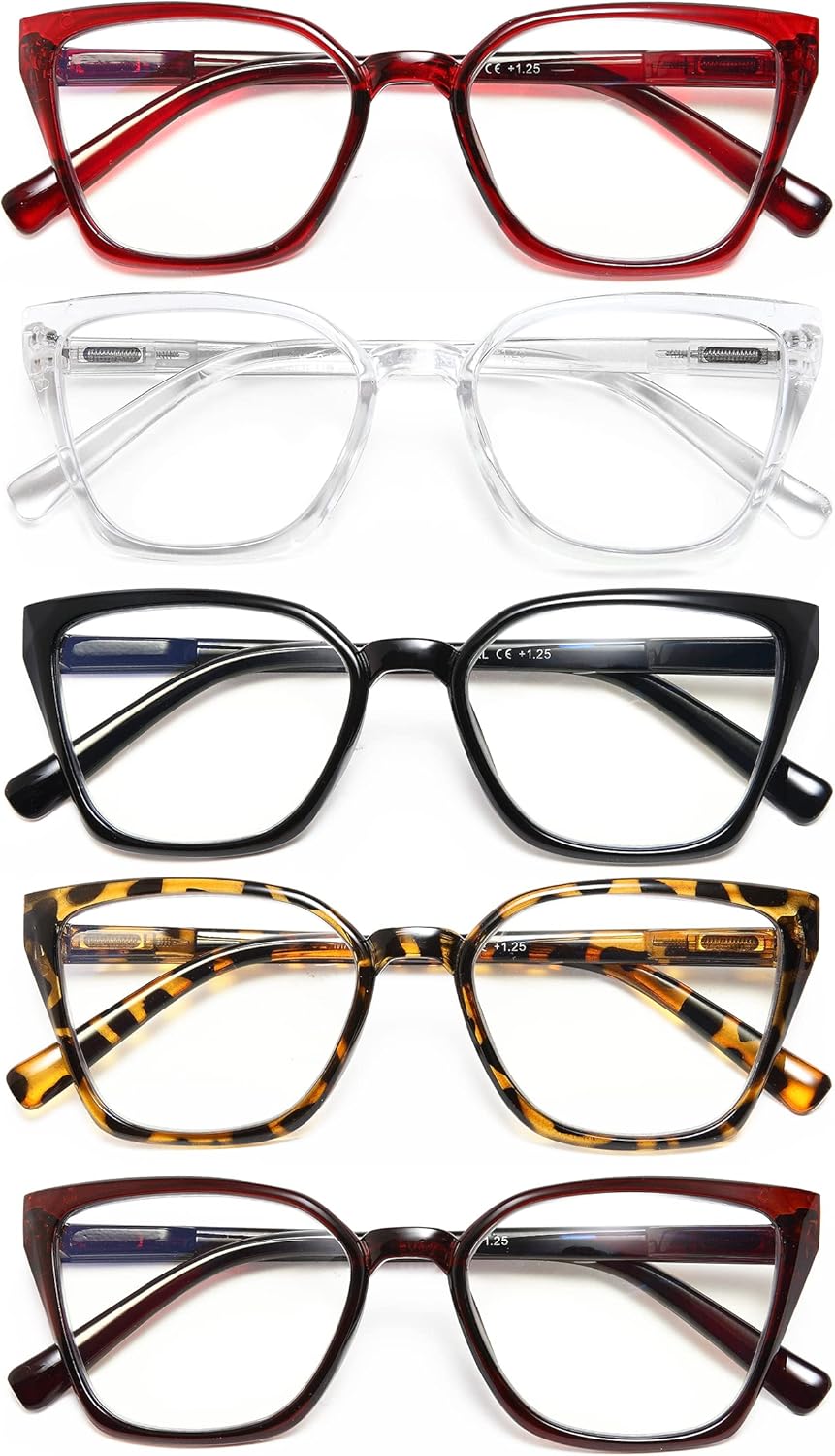 EYEURL Lectores de gran tamaño para mujer, paquete de 5 lentes de lectura con bloqueo de luz azul para mujer + 1.25 marcos cuadrados de moda con