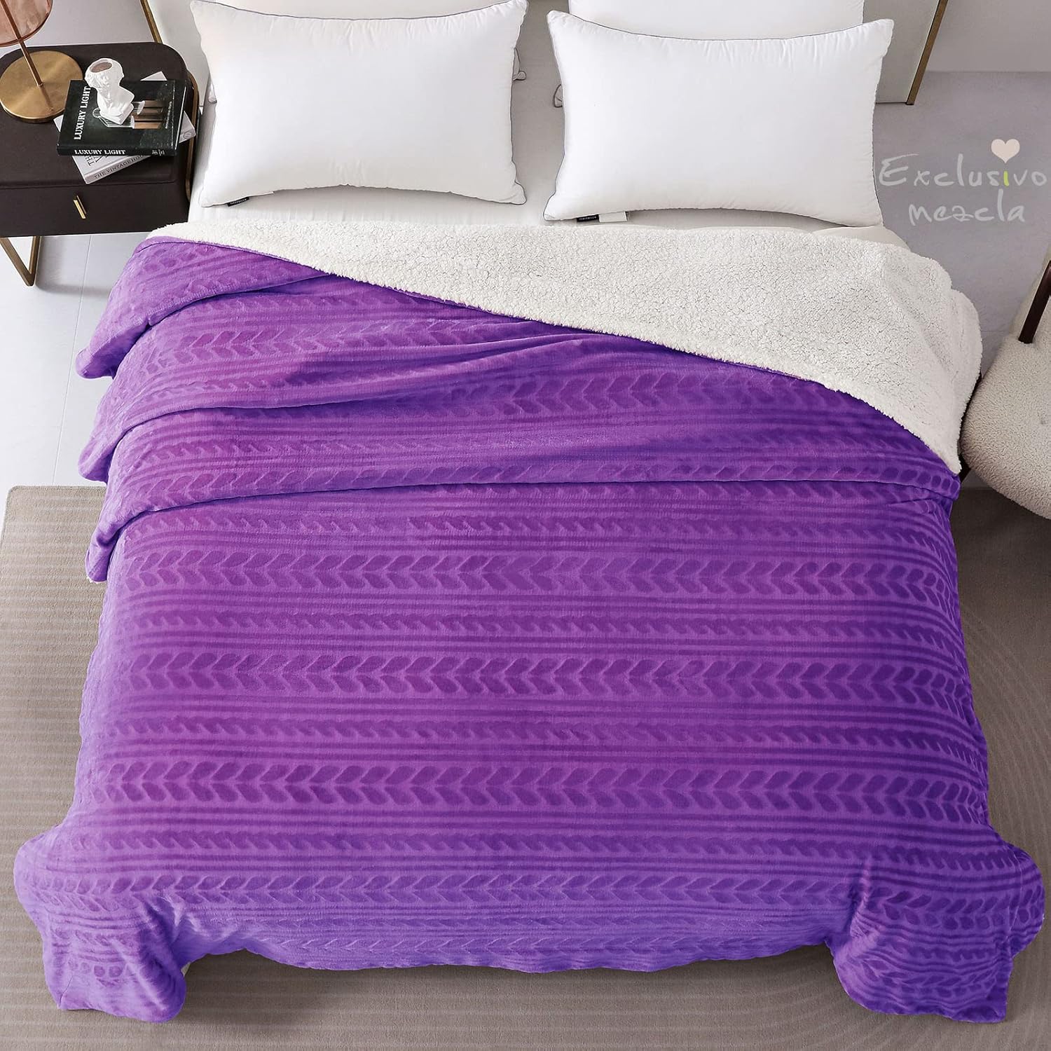 Exclusivo Mezcla Manta de cama de forro polar Sherpa tamaño Queen, manta cálida de terciopelo reversible para cama, sofá y sofá, 90 x 90 pulgadas,