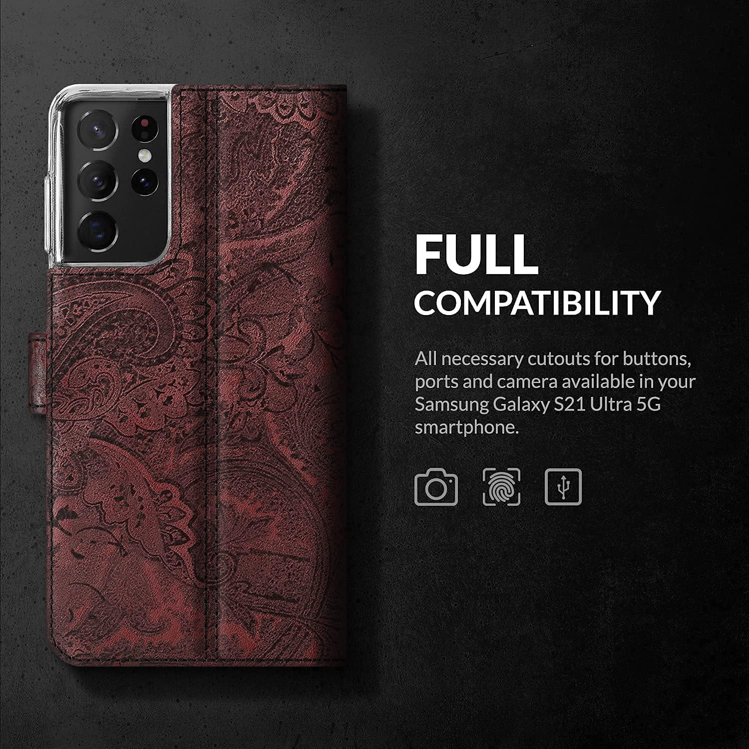 SURAZO Samsung S21 Ultra – Funda de piel auténtica RFID 3 ranuras para tarjetas y bolsillo para efectivo, cierre magnético seguro, función atril,