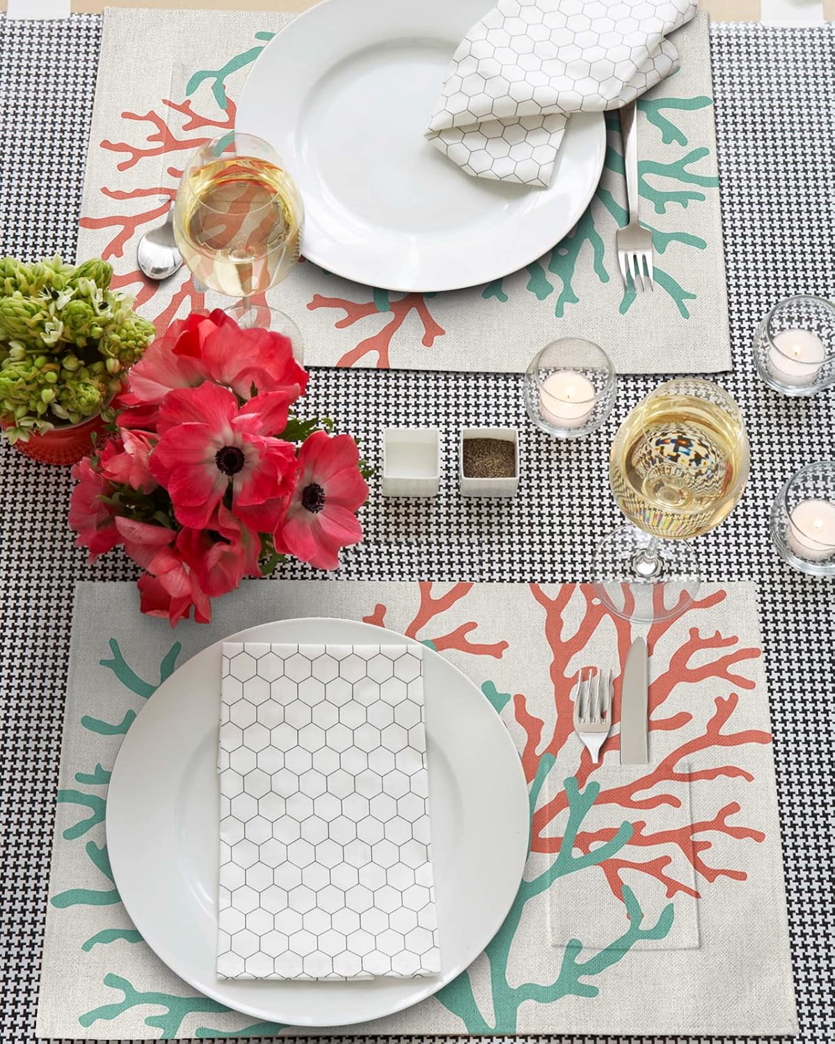 Juego de 6 manteles individuales de color coral para mesa de comedor, tela de lino de algodón con bolsillo, arpillera cuadrada, rectangular,