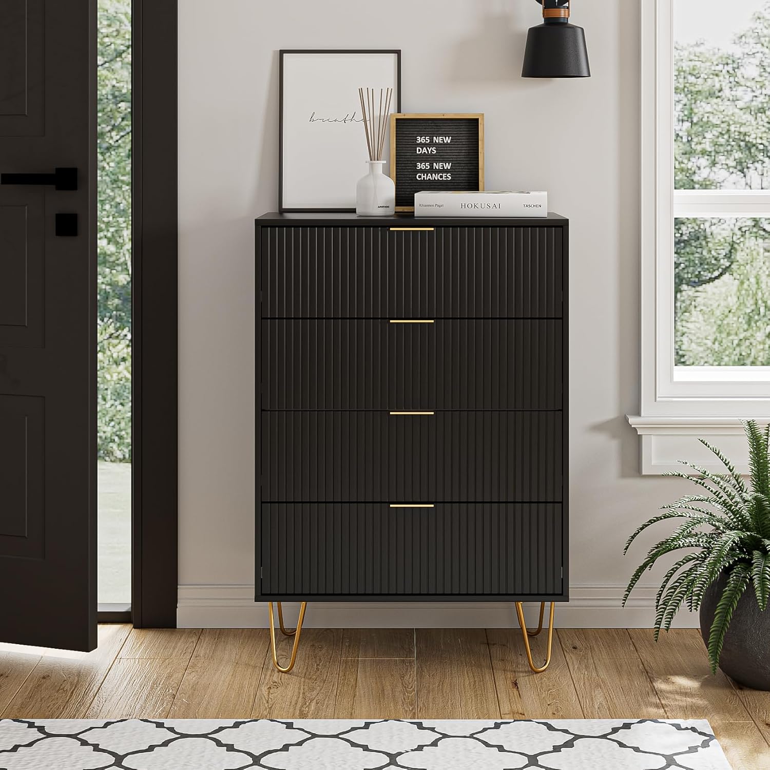 Cómoda de 4 cajones, cajón, armario de almacenamiento alto con patas de metal, cómoda pequeña para dormitorio, sala de estar, armario, pasillo,