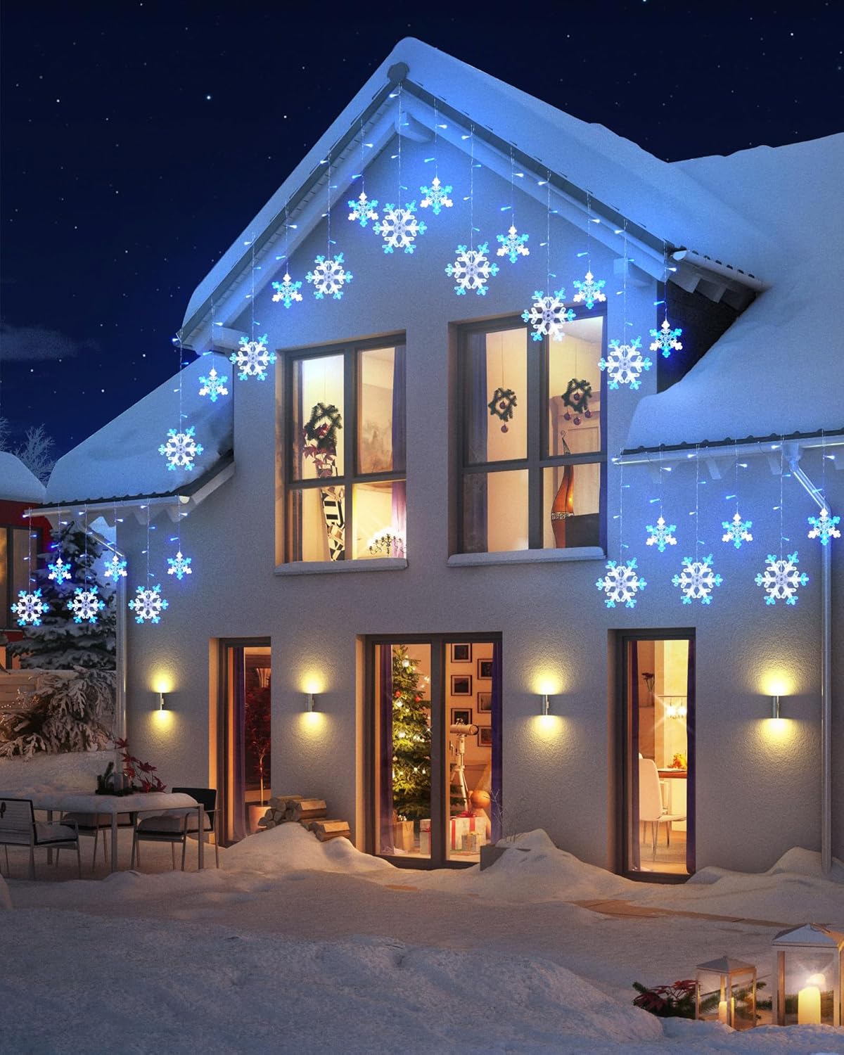 Minetom Luces de carámbano de copo de nieve de Navidad para exteriores, 13 pies, 16 gotas, 192 luces LED de copo de nieve, conectables para