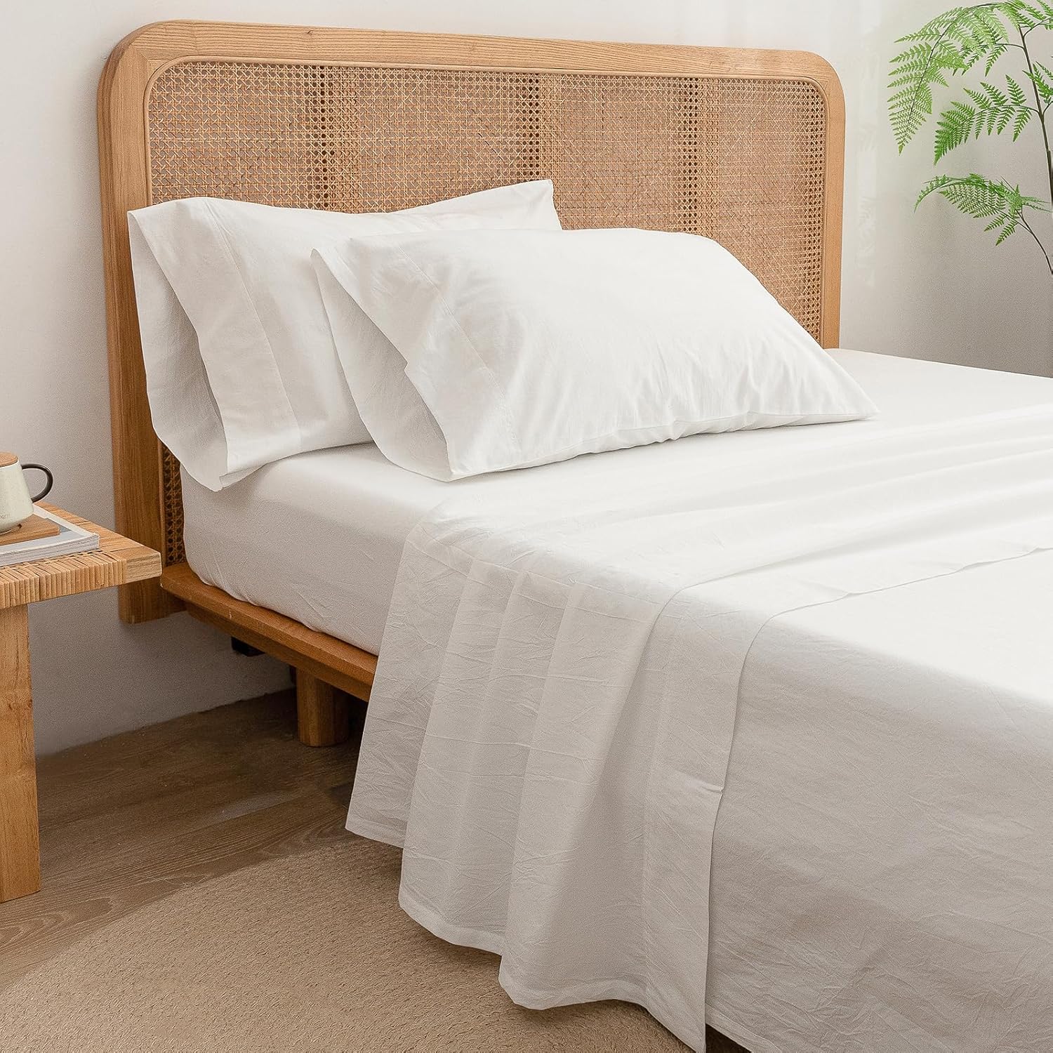 BESTOUCH Juego de sábanas 100% algodón lavado, tacto súper suave, cómodo, elegante, ligero, juego de ropa de cama de 4 piezas, color blanco hueso,