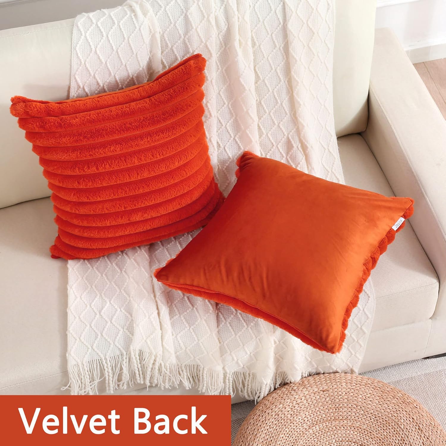 FUTEI – Juego de 2 fundas de almohada decorativas con rayas de color naranja quemado, 26 x 26 pulgadas, cuadradas y primaverales, piel sintética de