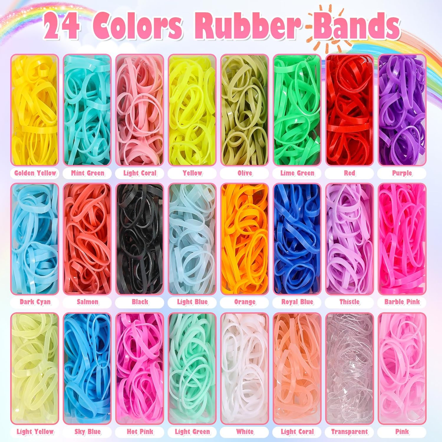 Bandas de goma de 24 colores para el cabello con herramientas de peinado del cabello, 1500 unidades de bandas elásticas para el cabello con