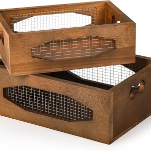 Okllen Juego de 2 cestas de madera anidables para encimera, caja de almacenamiento decorativa de madera rústica con asas recortadas para pan, Okllen Juego de 2 cestas de madera anidables para encimera, caja de almacenamiento decorativa de madera rústica con asas recortadas para pan,
