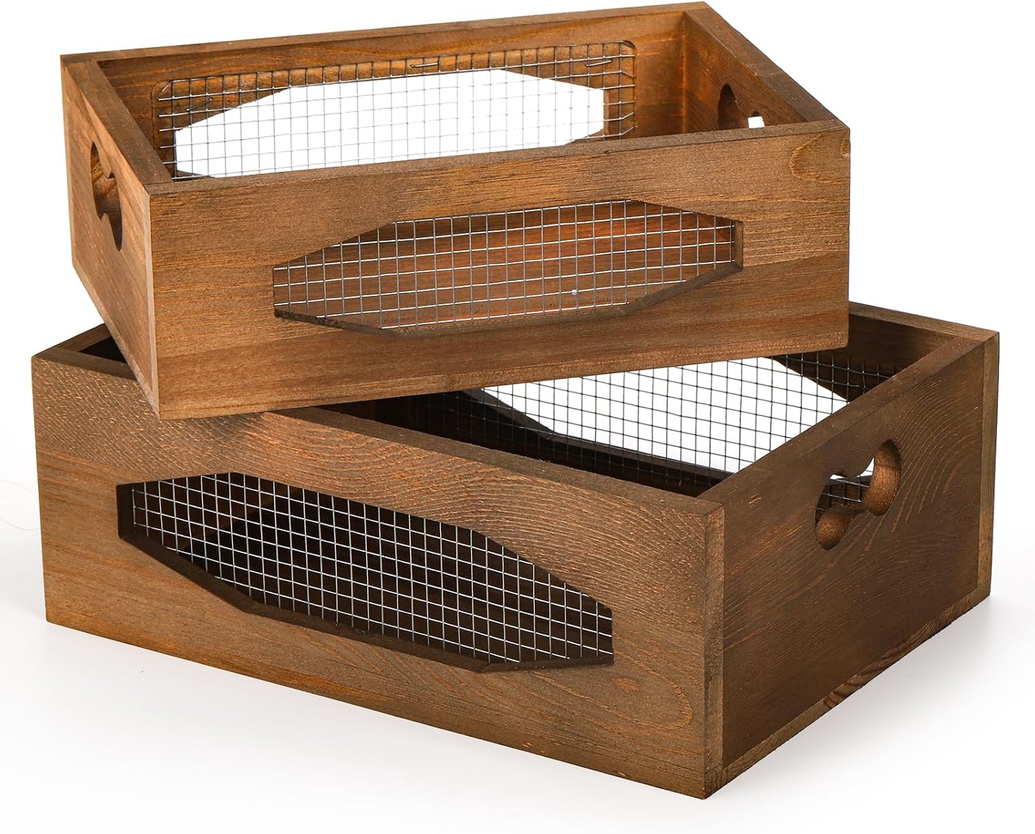 Okllen Juego de 2 cestas de madera anidables para encimera, caja de almacenamiento decorativa de madera rústica con asas recortadas para pan,
