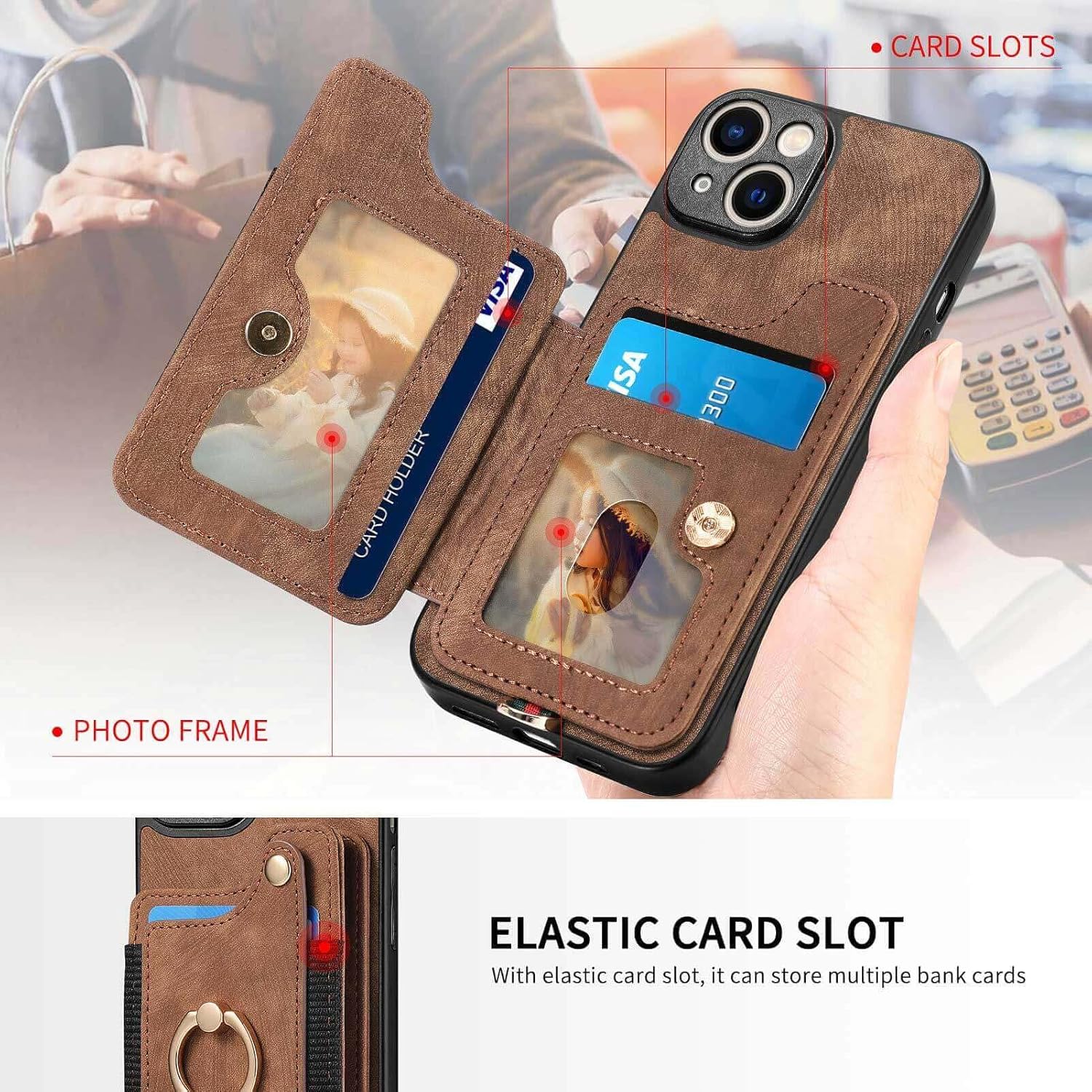 JanCalm Funda con tarjetero para iPhone 15 Plus, soporte con anillo, bloqueo RFID, protector de cámara, correa protectora magnética de cuero para