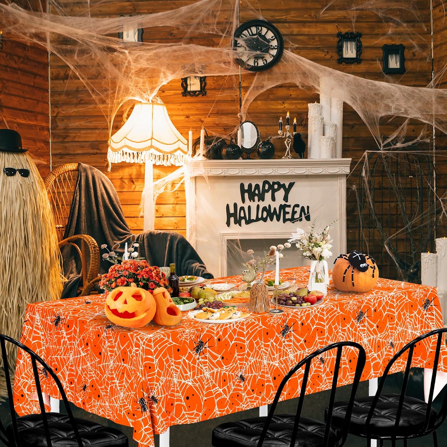 Manteles de arañas y telarañas de Halloween de 108 x 54 pulgadas, manteles desechables para fiesta de Halloween, manteles impermeables y duraderos