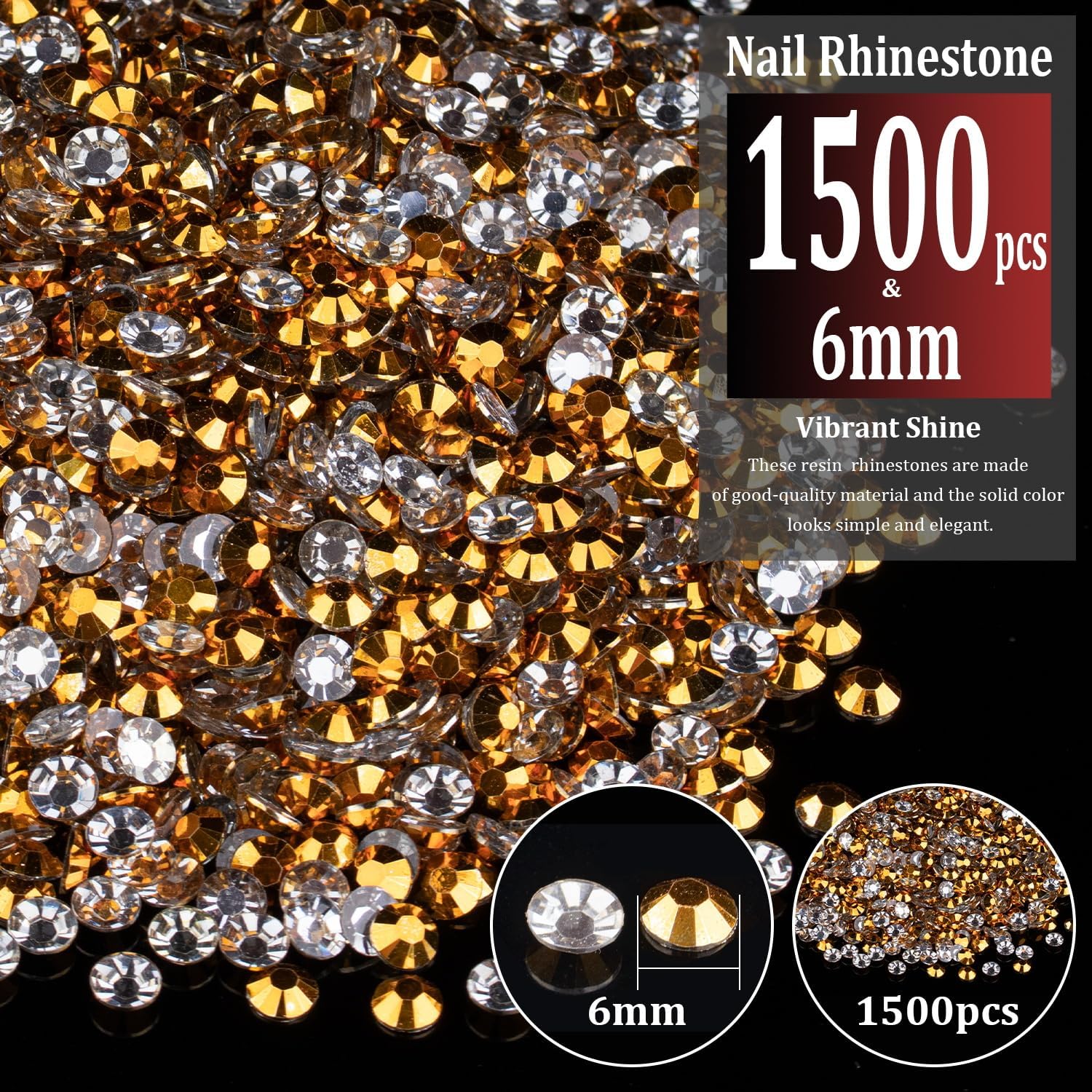 1500 diamantes de imitación de resina de 0.236 pulgadas a granel, oro mineral con parte trasera plana, diamantes de imitación redondos de gelatina