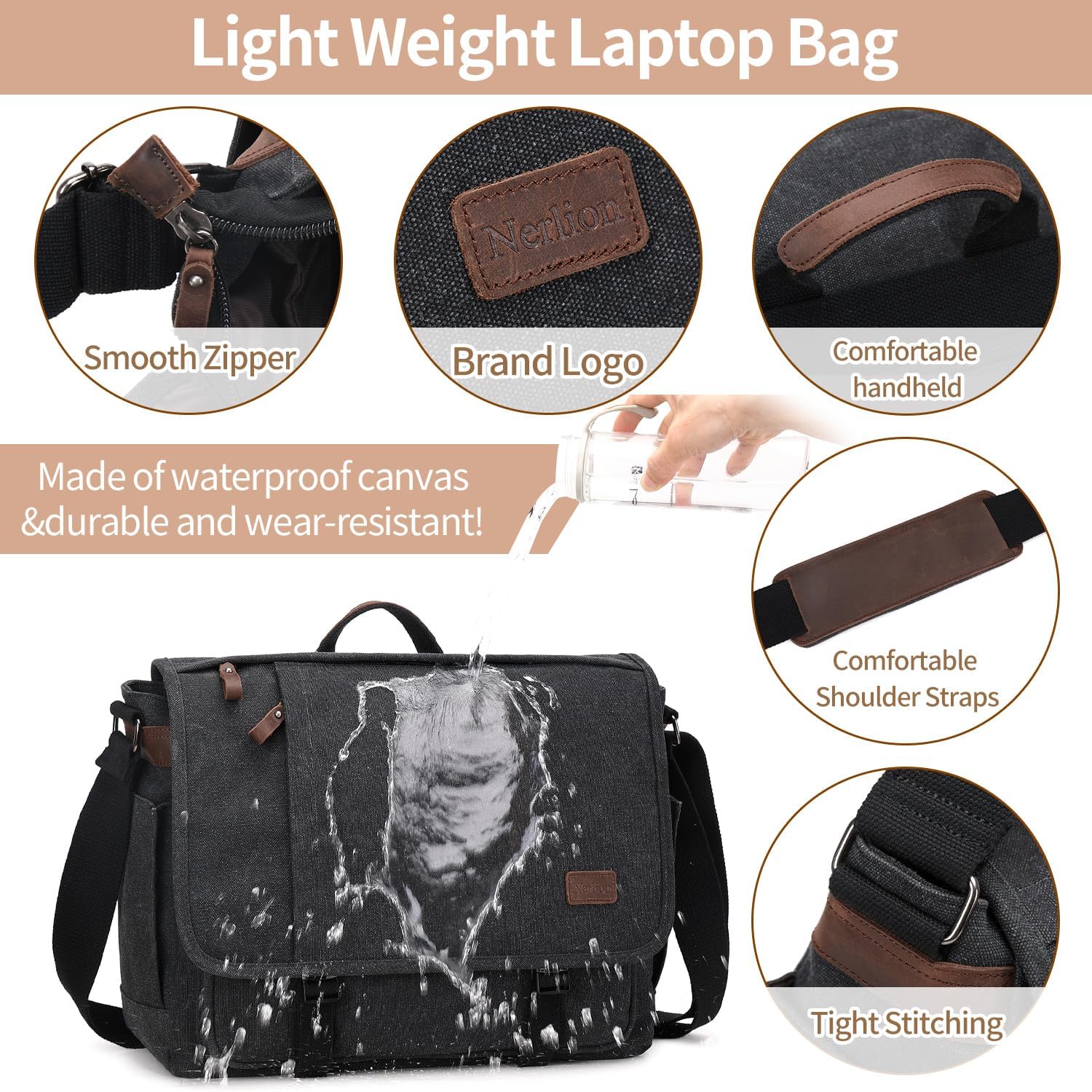 Nerlion – Bolsa tipo mensajero para hombre de 17 a 17.3 pulgadas, bolsa de lona resistente al agua, bolsa de hombro, maletín de trabajo escolar,