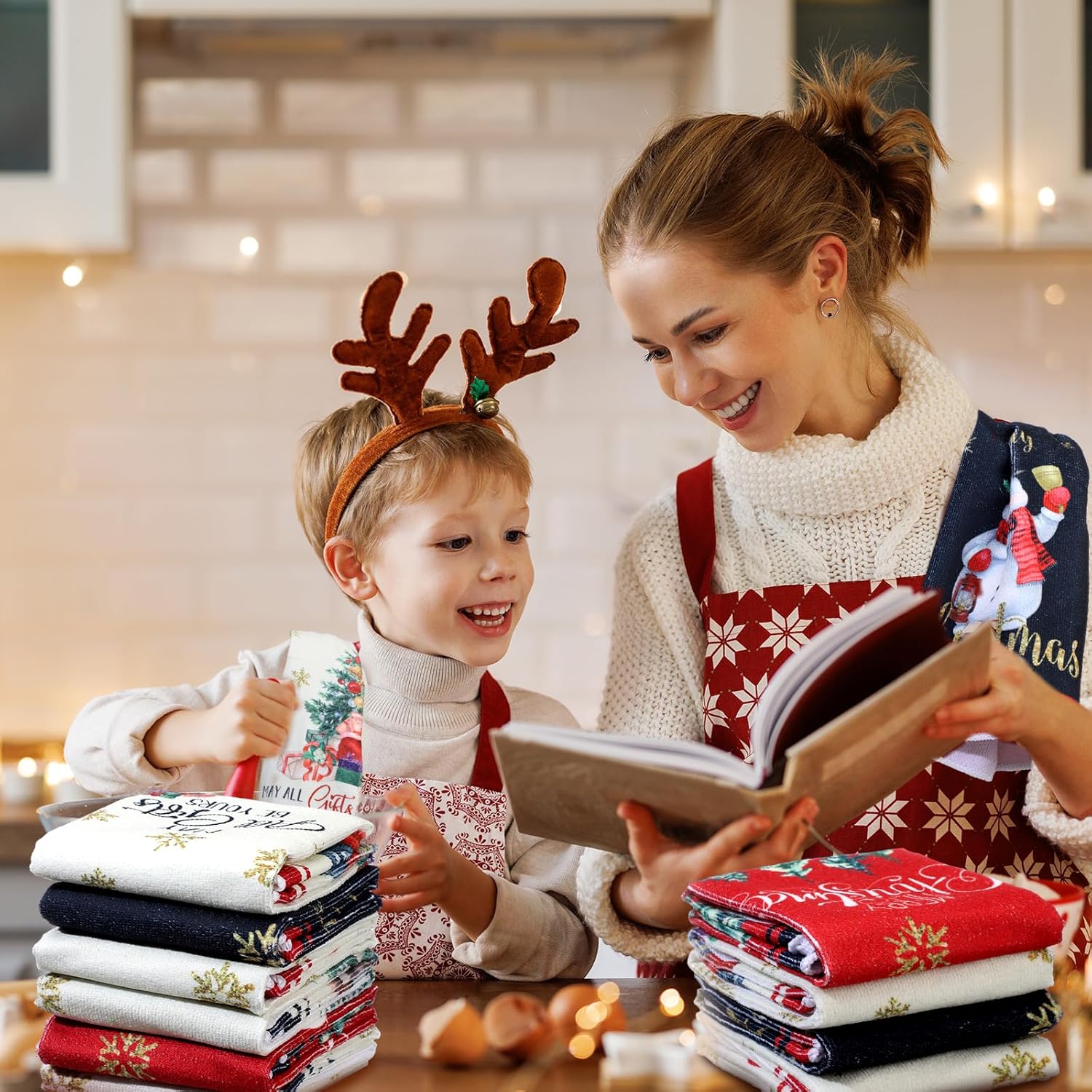 Oudain Juego de 6 toallas de cocina y paños de cocina de Navidad, Papá Noel, muñeco de nieve, camión, árbol de Navidad, paños de cocina de invierno,