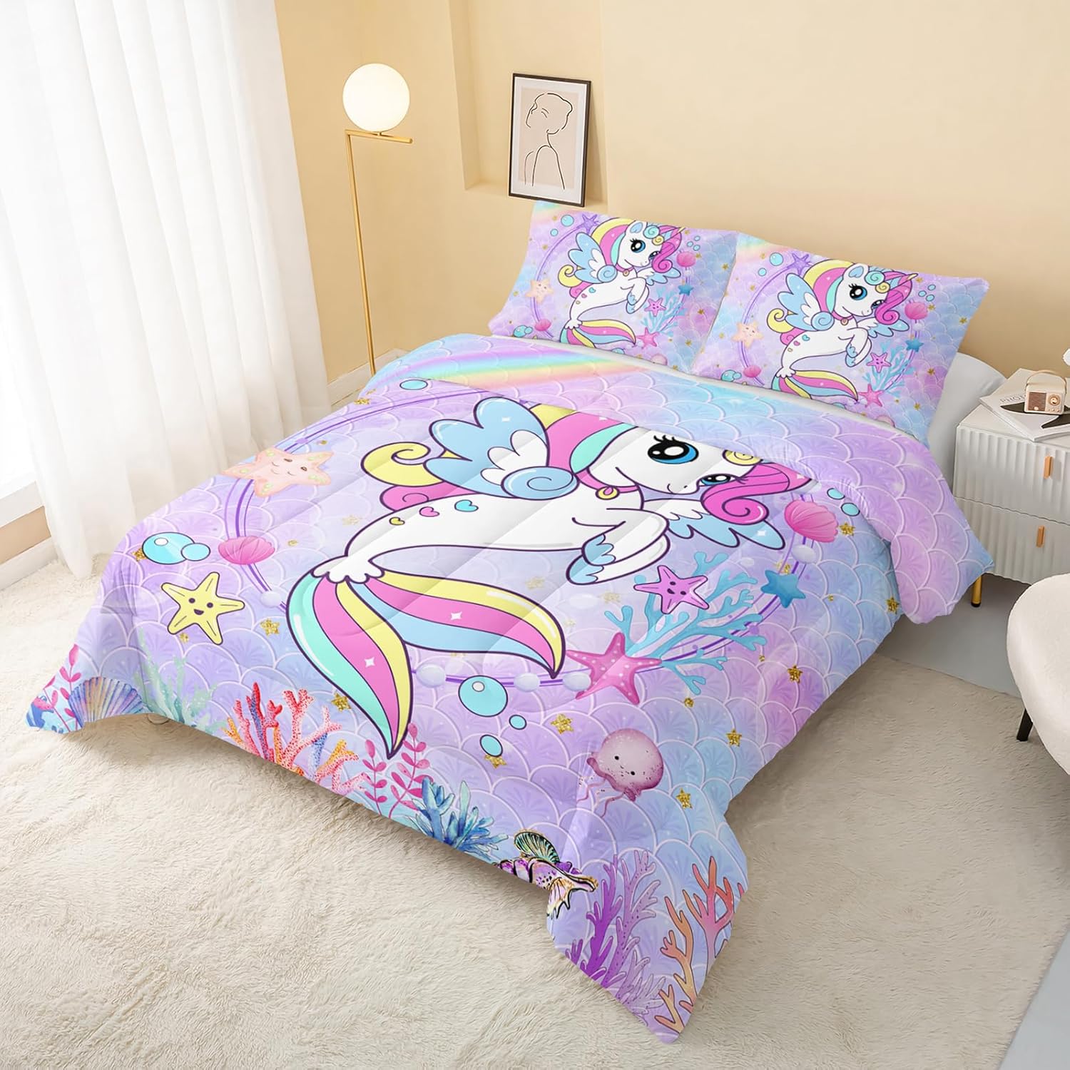 Edredón de unicornio de sirena, tamaño individual, juego de edredón de unicornio para niños, juego de ropa de cama de 3 piezas, edredón impreso con