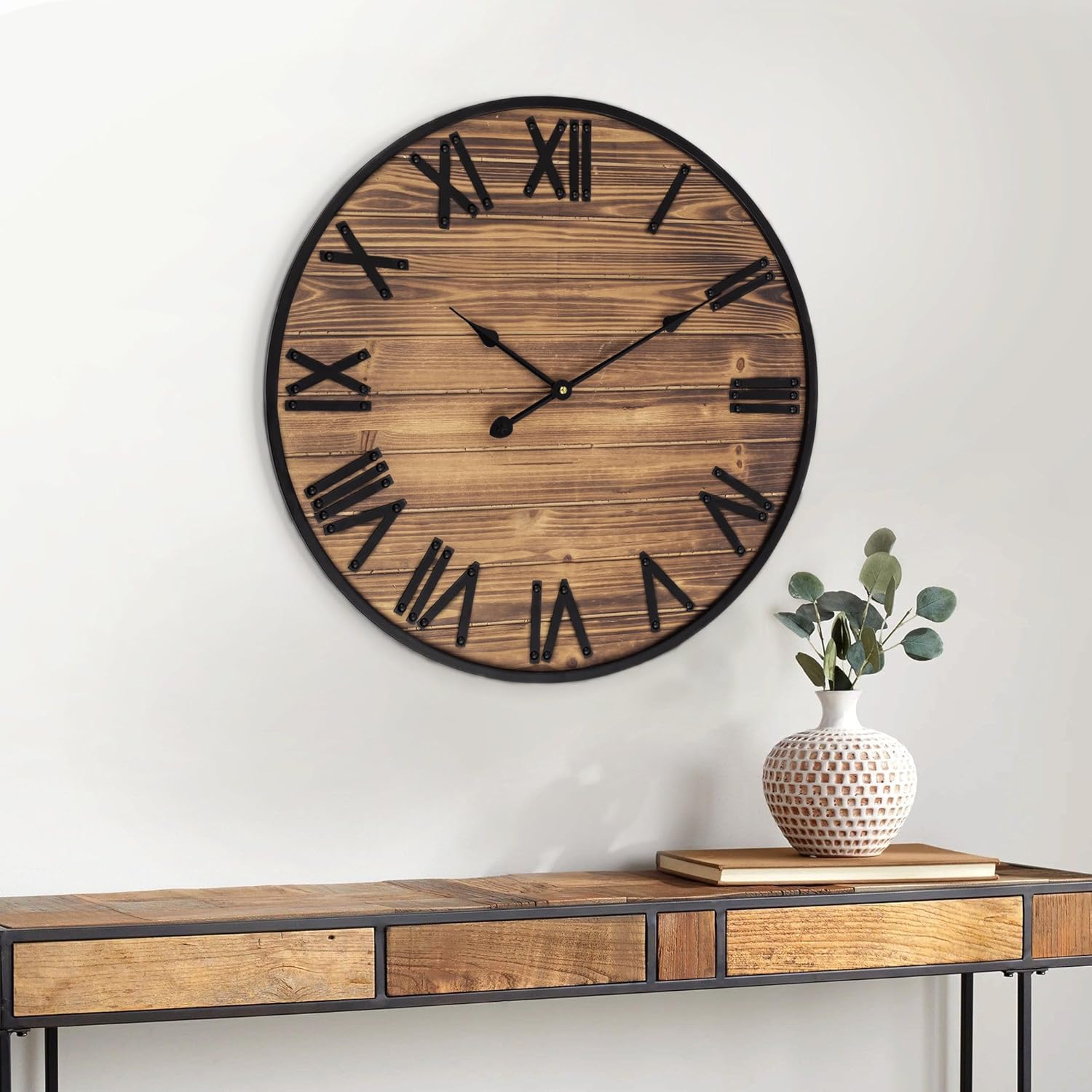 Reloj de pared grande de 24 pulgadas, relojes de pared de granja con pilas, decoración de pared rústica con marco de metal, reloj de pared