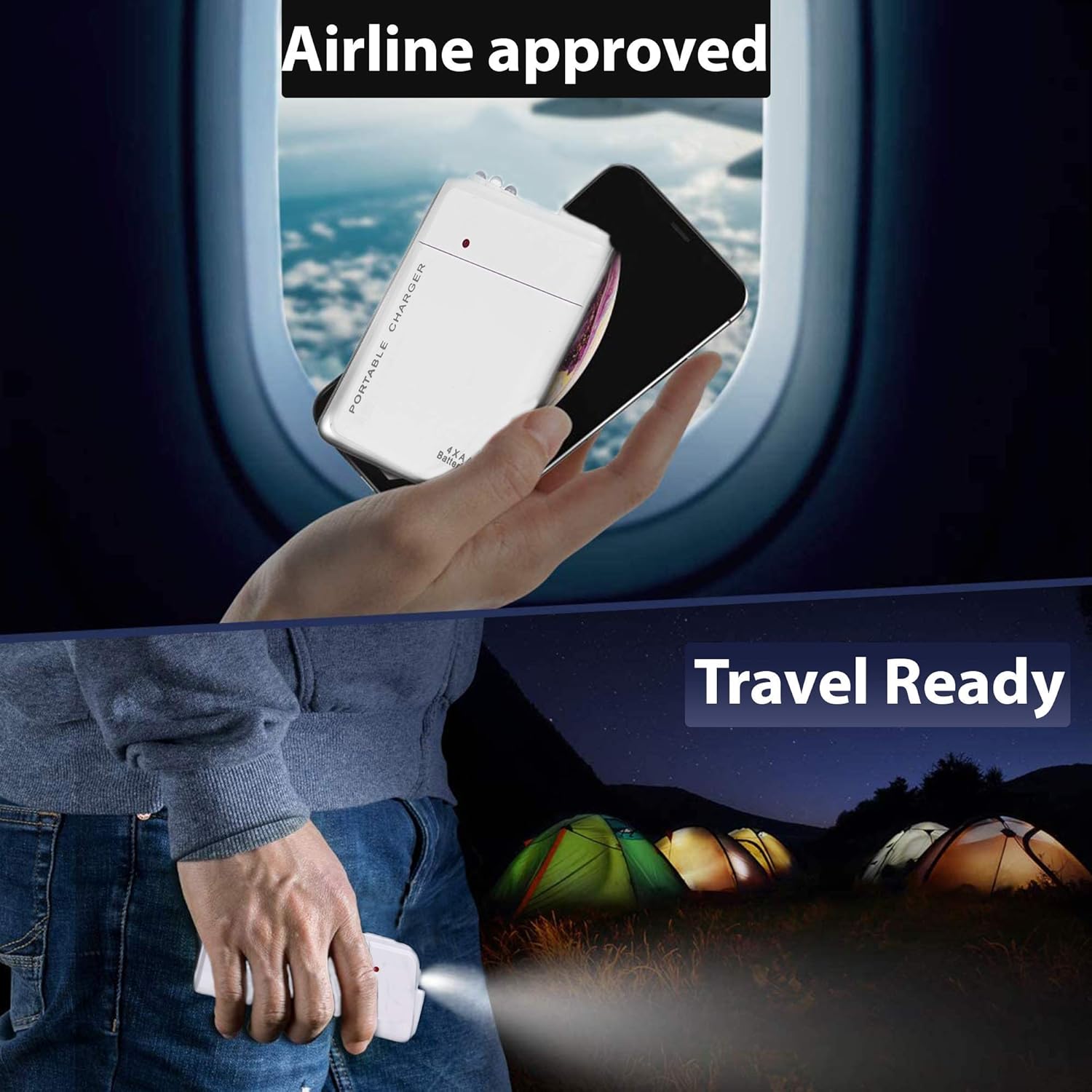 Cargador de viaje portátil de batería AA funciona para Samsung Galaxy S9+ y recargador de emergencia con luz LED. (Funciona con 2 pilas AA, USB-C)