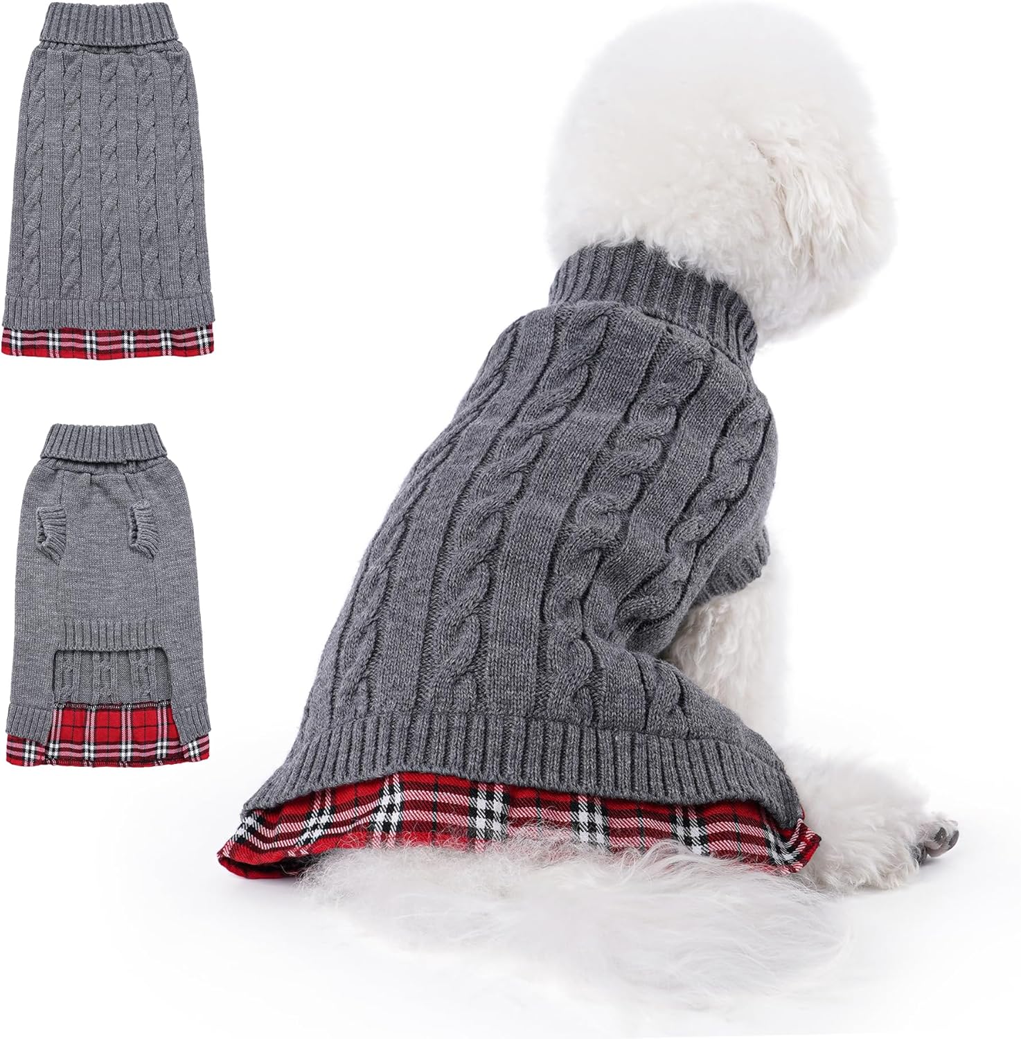 WOYYHO Ropa para perros y mascotas, suéter para perros pequeños, suéteres de punto a cuadros para perros con agujero para la correa, ropa para