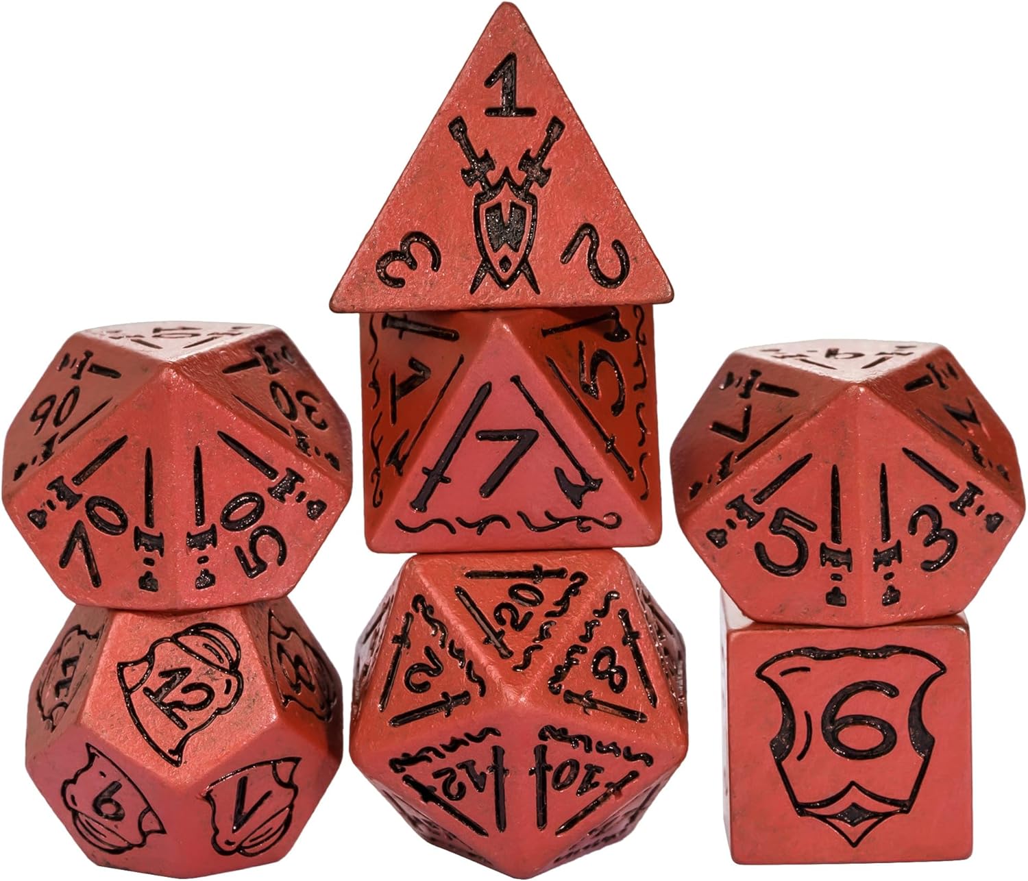 DND – Juego de dados poliédricos de 7 piezas con escudo y patrón de espada para juegos de rol de Calabozos y Dragones y juegos de mesa (naranja)