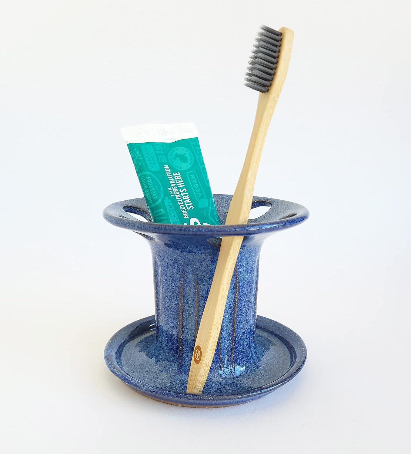 Toothbrush and Toothpaste Holder for Bathroom Sink Large Capacity 6 Wide Holes Slots in Denim Blue