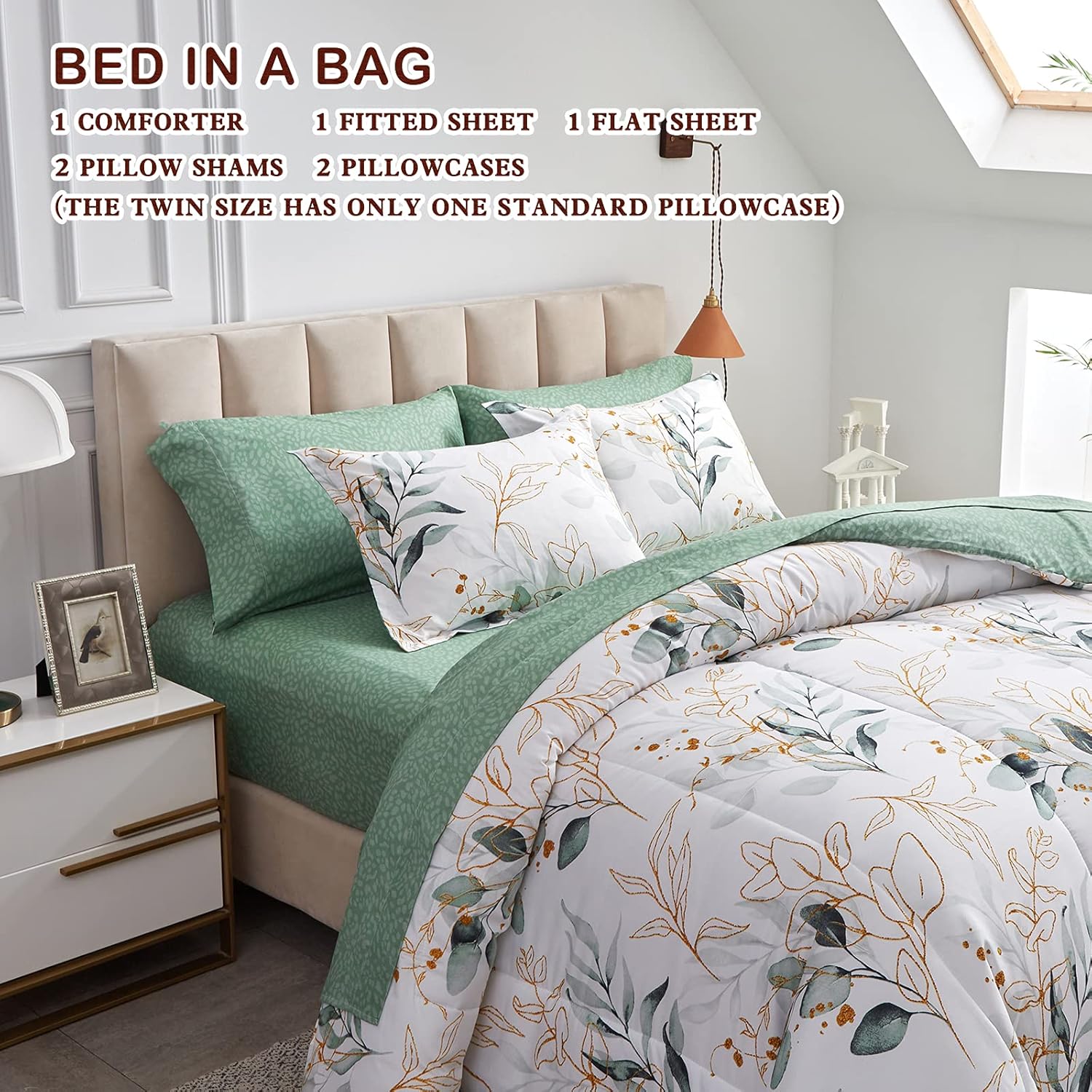 Joyreap – Juego de ropa de cama tamaño King completo en una bolsa, 7 piezas, diseño botánico de flores verdes sobre fondo blanco, juego de edredón