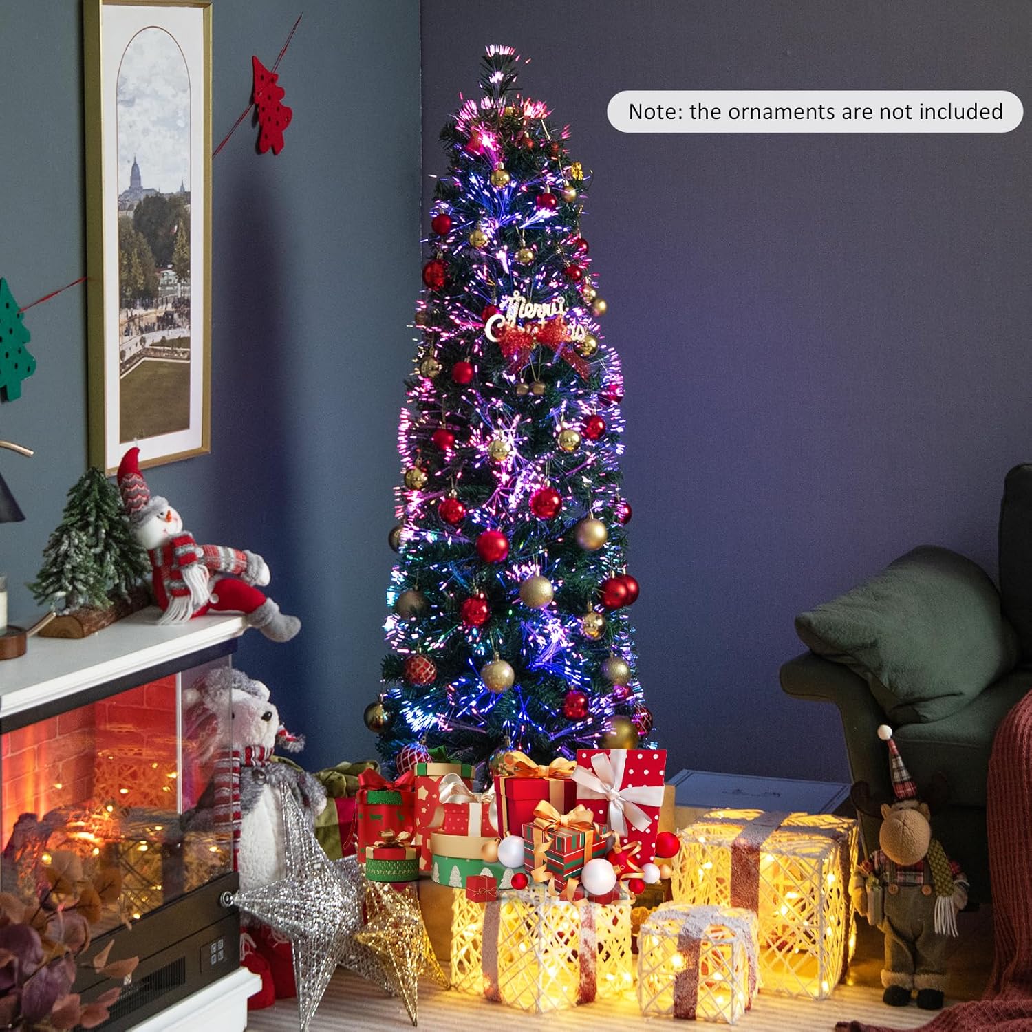 Goplus Árbol de Navidad de lápiz de fibra óptica de 5 pies, árbol de Navidad artificial delgado preiluminado con luces de colores, 361 puntas de