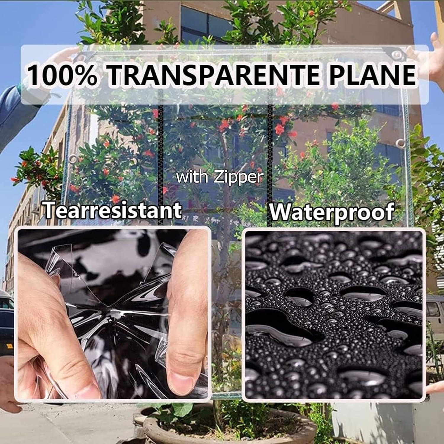 Lona de PVC con cremallera, ojales de lonas, resistente, impermeable de PVC transparente, cubierta de lona de polietileno de vinilo transparente,