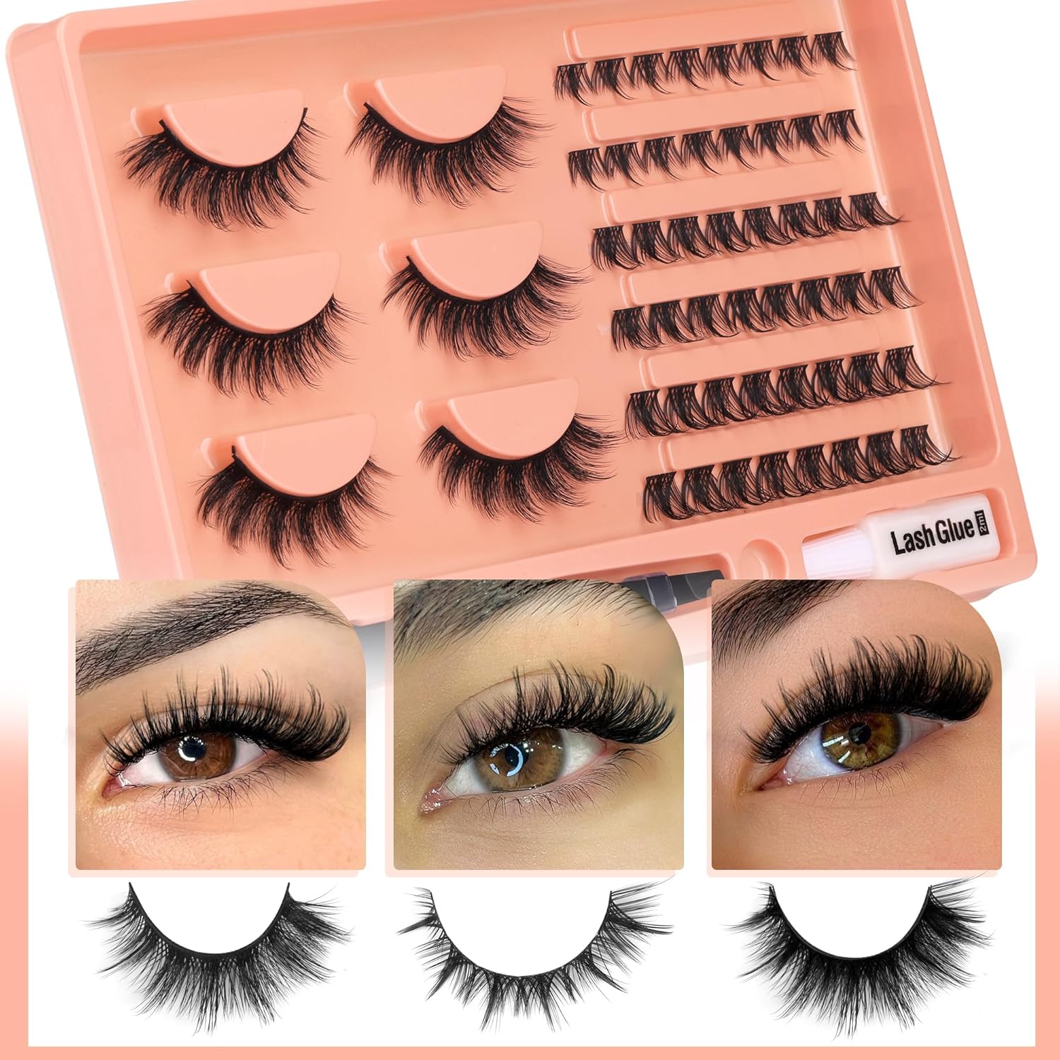 Kit de extensiones de pestañas individuales, pestañas de manga y pestañas en racimo, 2 estilos de pestañas en racimo de pestañas de aspecto natural