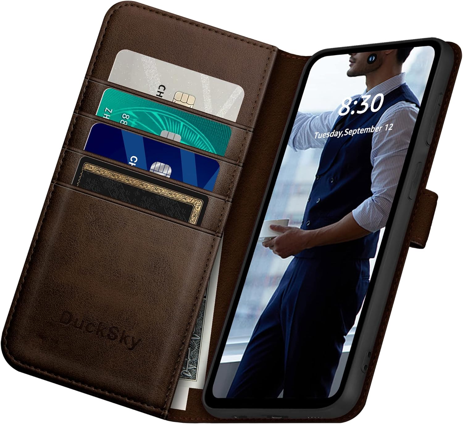 Funda tipo cartera de piel auténtica para Google Pixel 7 5G Bloqueo RFID4 tarjeteros de créditoCuero auténtico Funda protectora para teléfono con