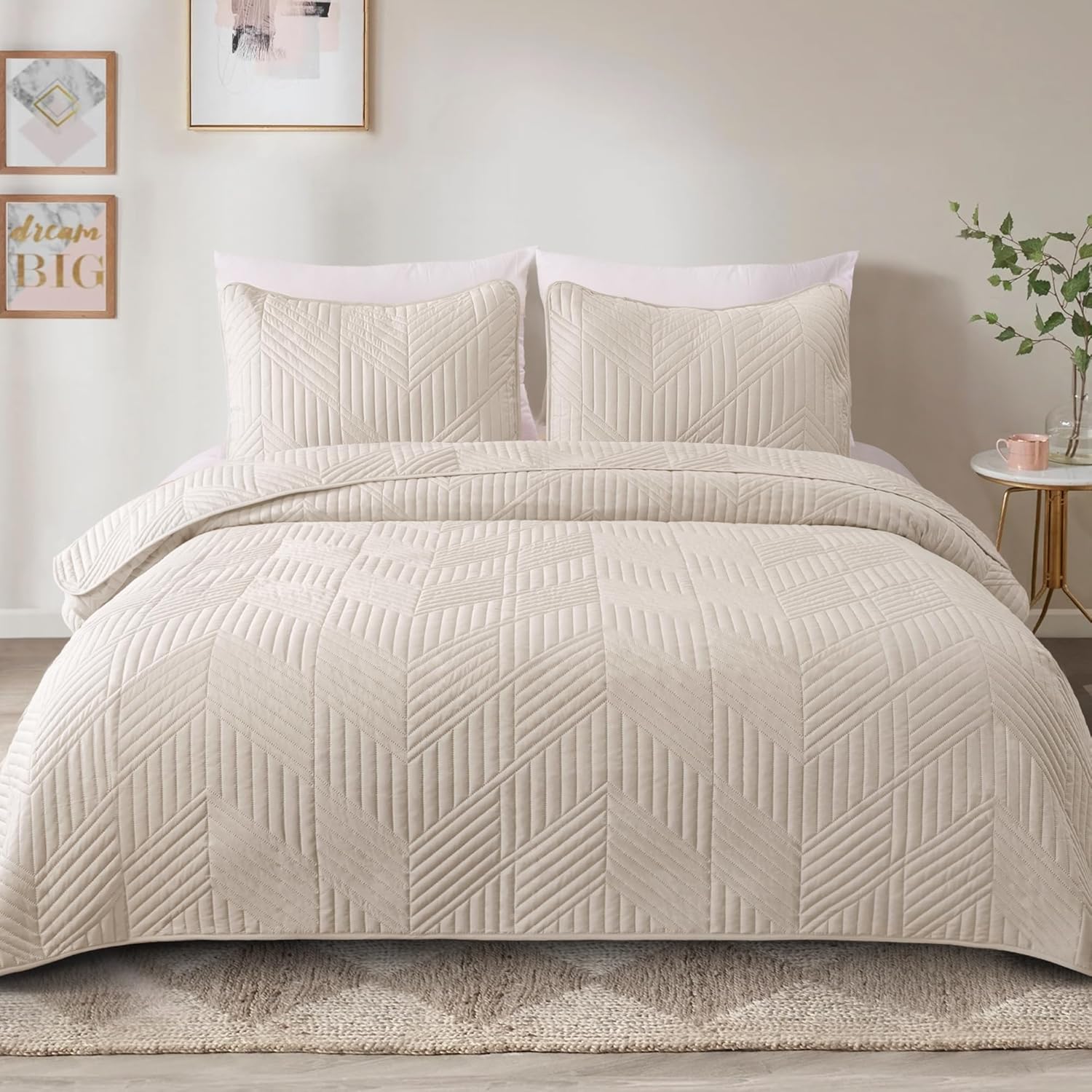 Exclusivo Mezcla Juego de ropa de cama ultrasónica tamaño King, cubrecama ligero beige Brich suave y moderno juego de colcha geométrica para todas