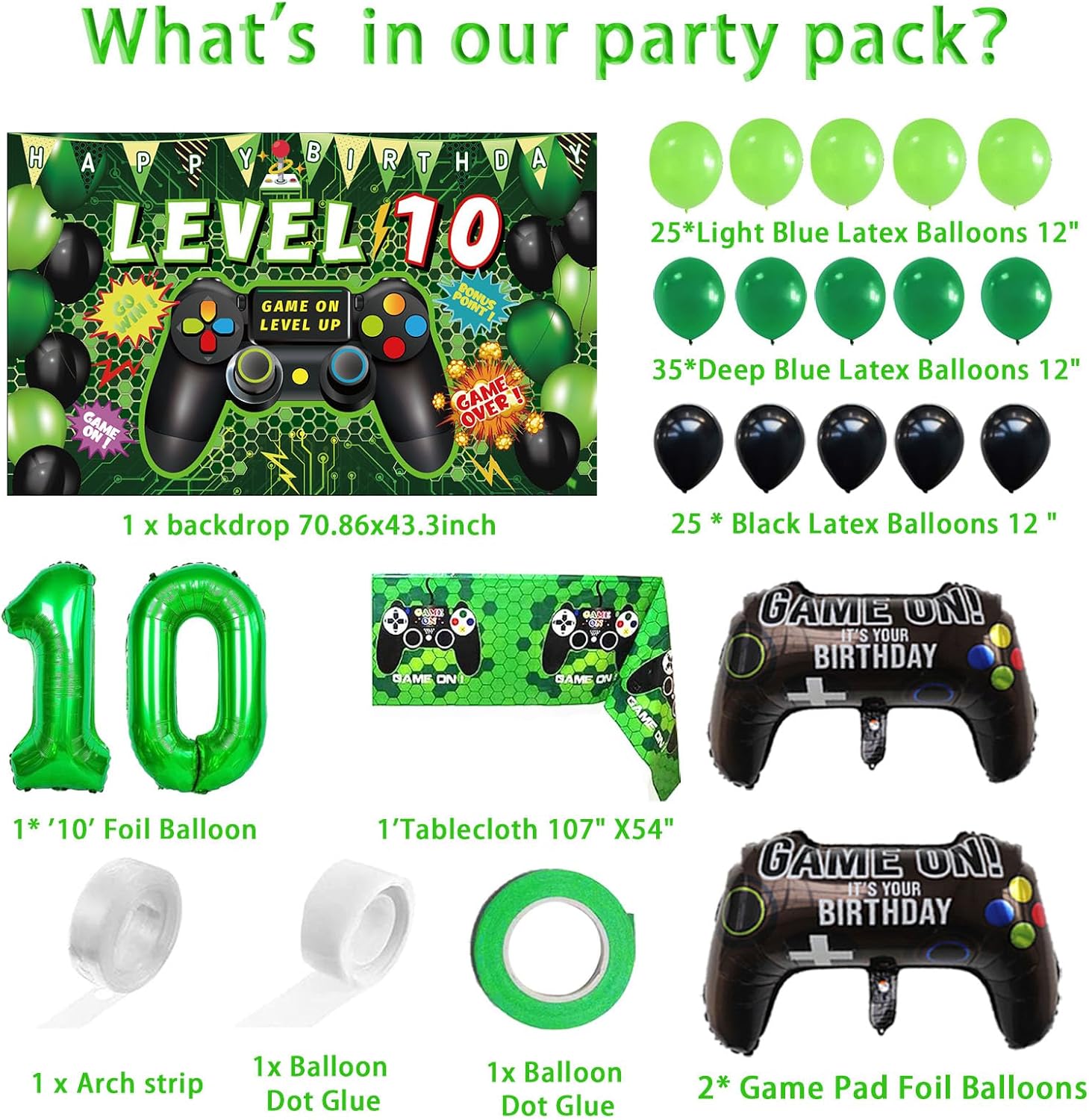 Vlipoeasn Juego de 90 decoraciones de fiesta de videojuegos de cumpleaños número 10 para niños, suministros verdes de 10 cumpleaños, telón de fondo