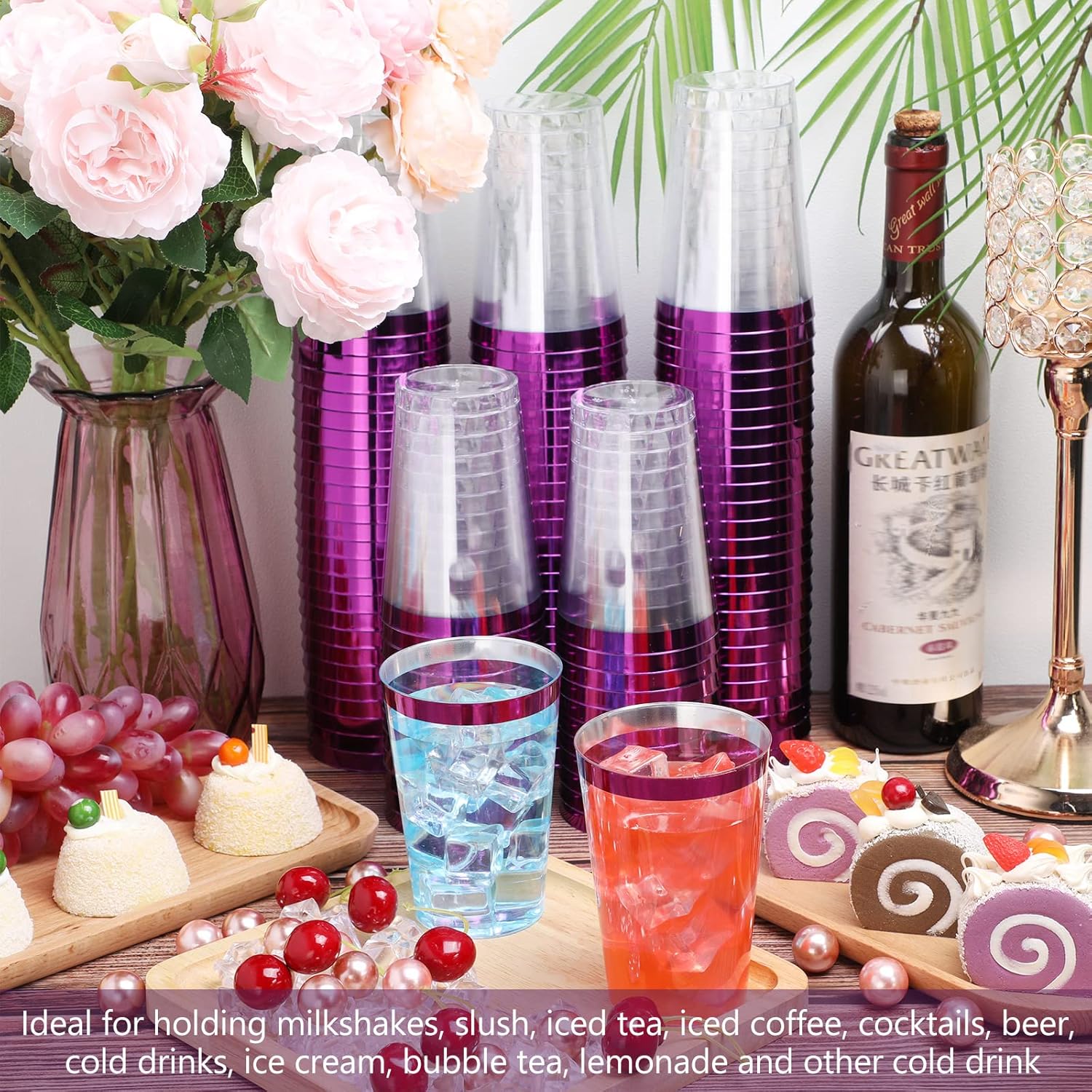 100 vasos de plástico desechables de 12 onzas, vasos de plástico transparente con borde para cumpleaños, bodas, fiestas, elegantes tazas de vino,