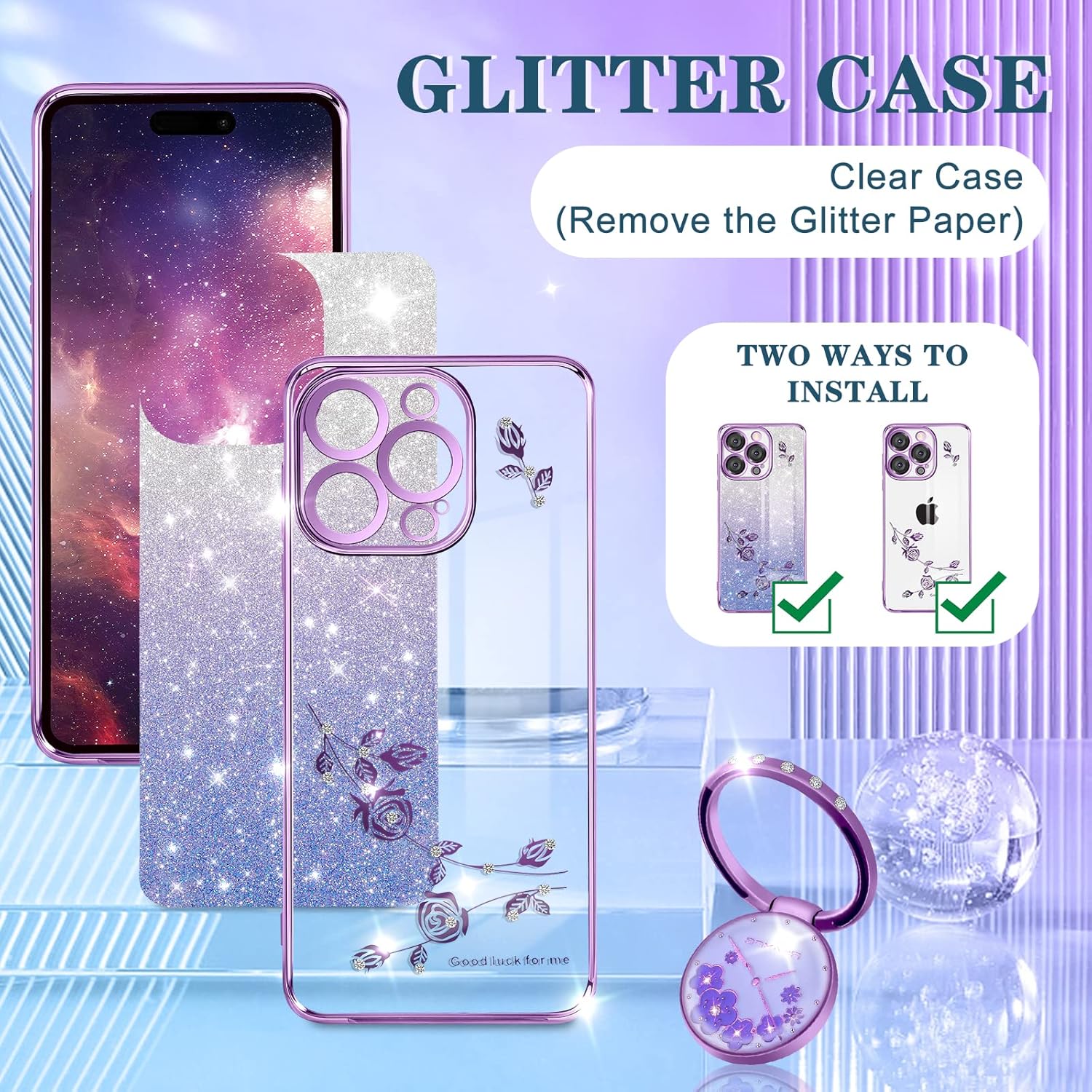Coralogo Funda 3 en 1 para Apple iPhone 14 Pro con purpurina brillante para mujeres y niñas, funda brillante para teléfono, bonito diseño floral de