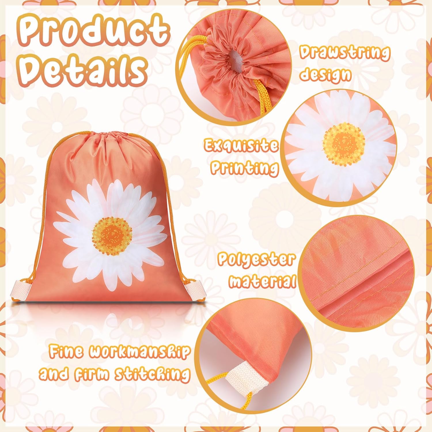 Paquete de 12 bolsas con cordón de flores de margarita, suministros de fiesta de cumpleaños, bolsas de regalo de flores de margarita, bolsas de