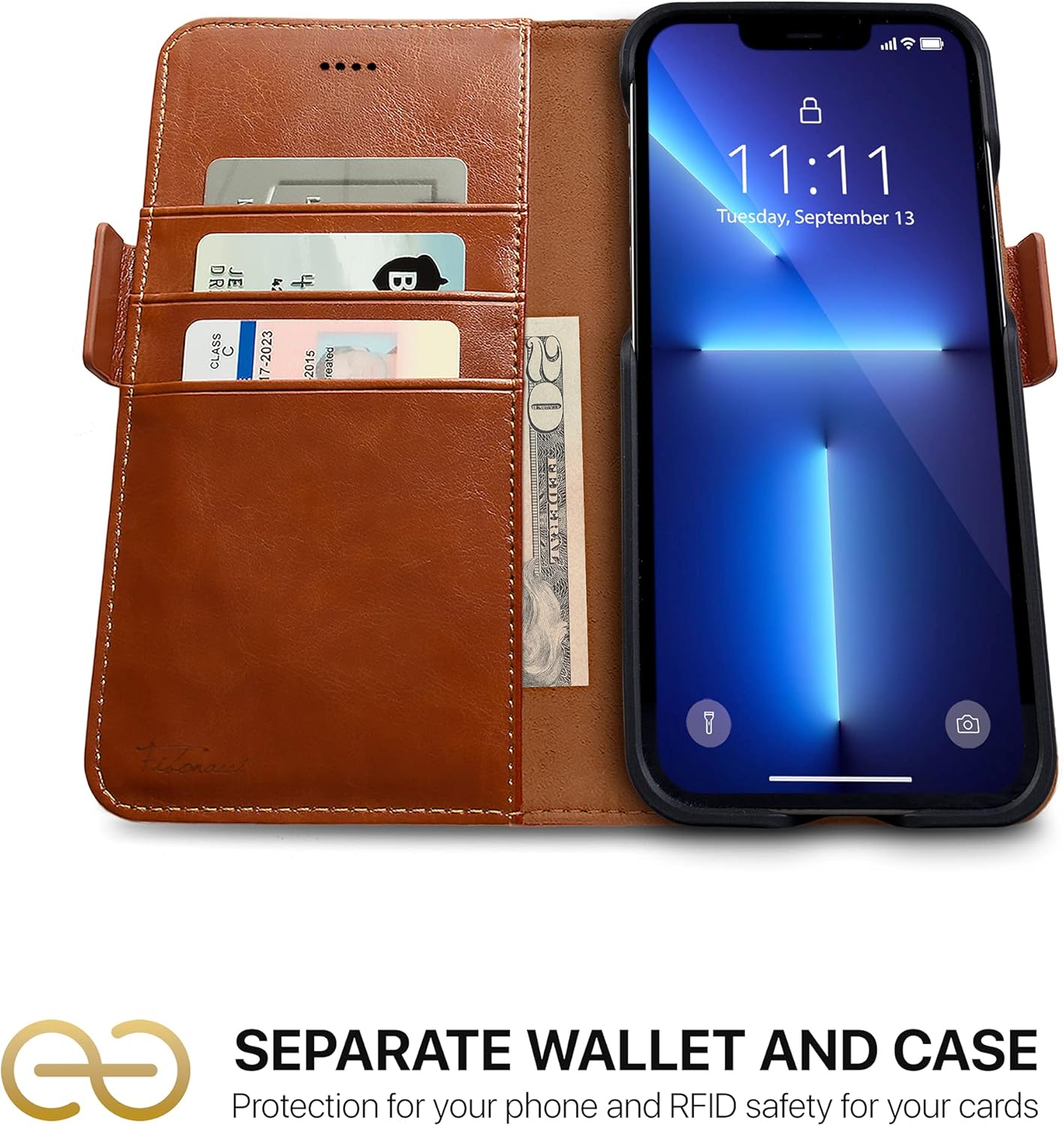 Dreem Fibonacci – Funda tipo cartera compatible con iPhone 13 Pro Max, funda 2 en 1 a prueba de golpes y funda desmontable de piel vegana,