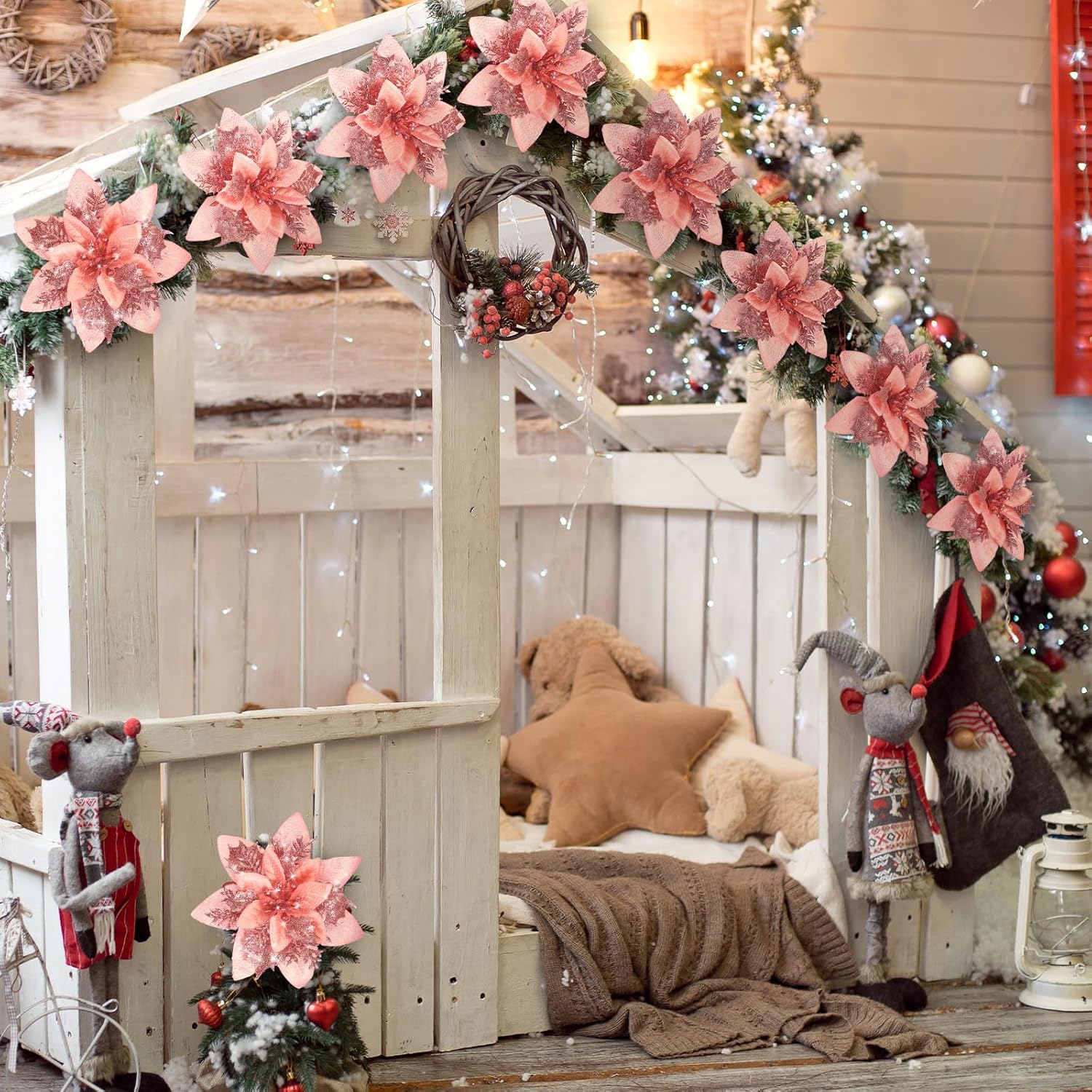 Adornos de flores de Pascua artificiales de Navidad con purpurina y clips y tallos, adornos para árbol de Navidad de Pascua con purpurina para boda