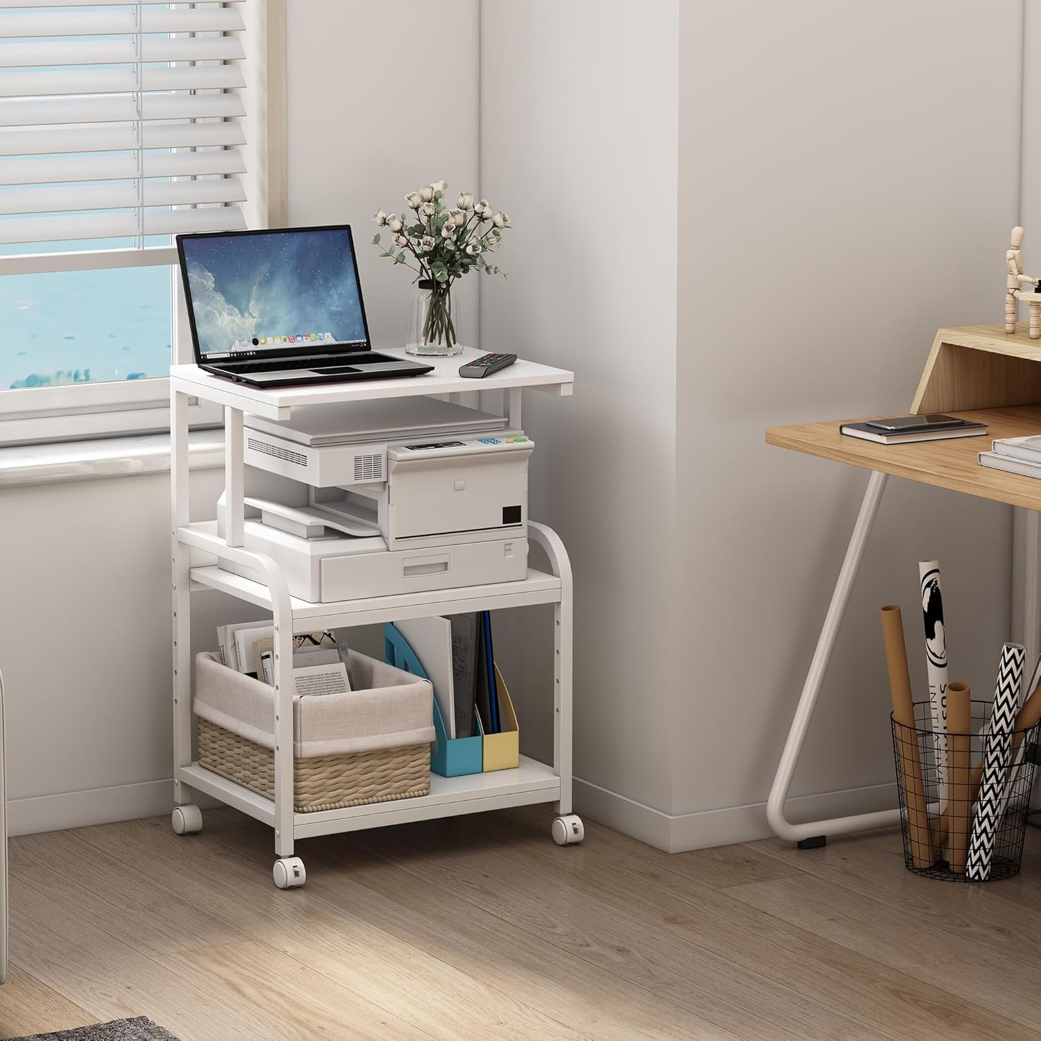 Soporte blanco para impresora, mesa de impresora de 3 estantes con ruedas, carrito de impresora rodante para oficina en casa, organización y