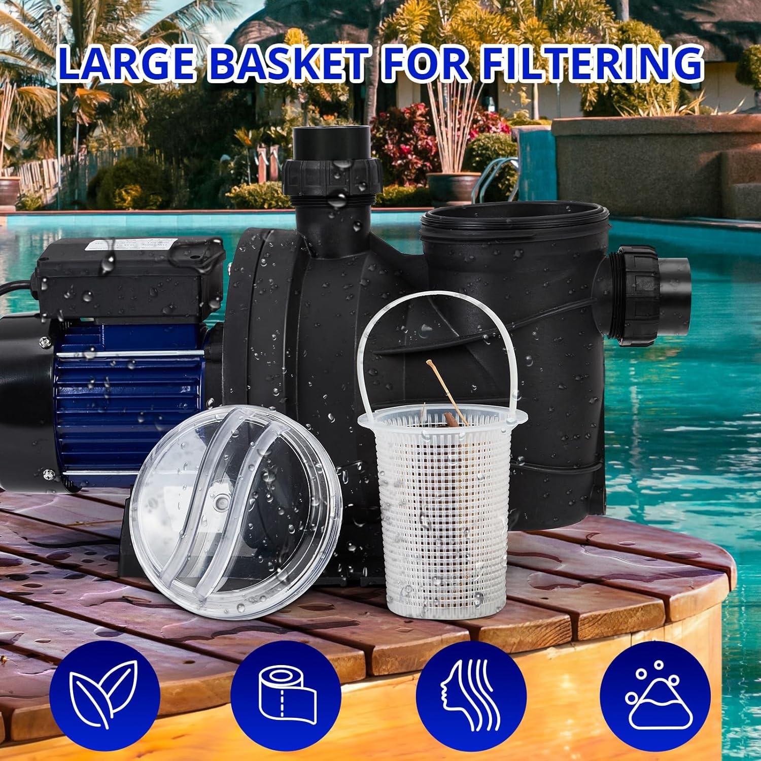 Bomba de piscina de una sola velocidad de 1.1HP en sobre el suelo, 800 W115 V, 3962 GPH, alto flujo, potentes bombas de piscina autorecortables con