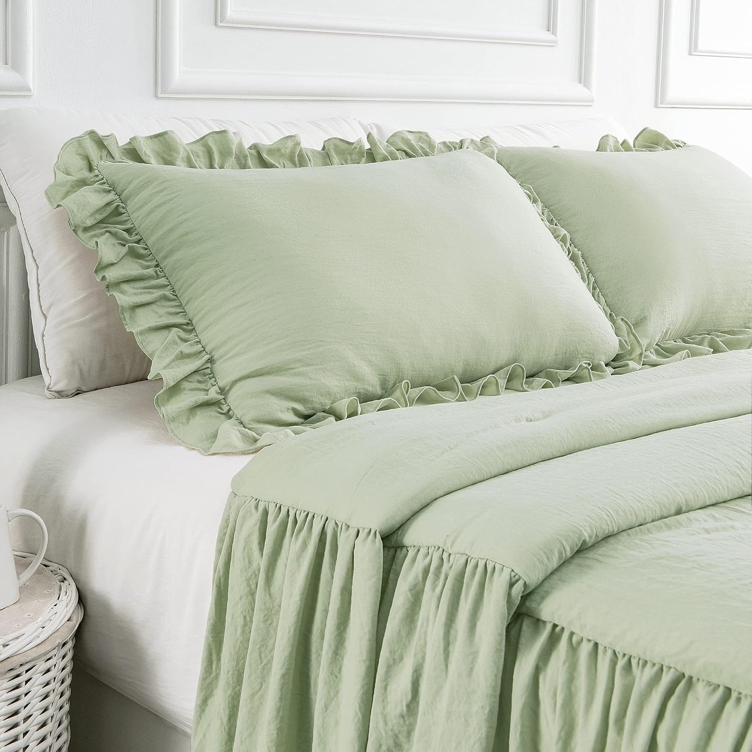 Bonlino Juego de colcha para cama King  Colcha de granja Colcha Chic Vintage Ropa de cama falda con volantes Colcha Colcha Dormitorio rústico ligero