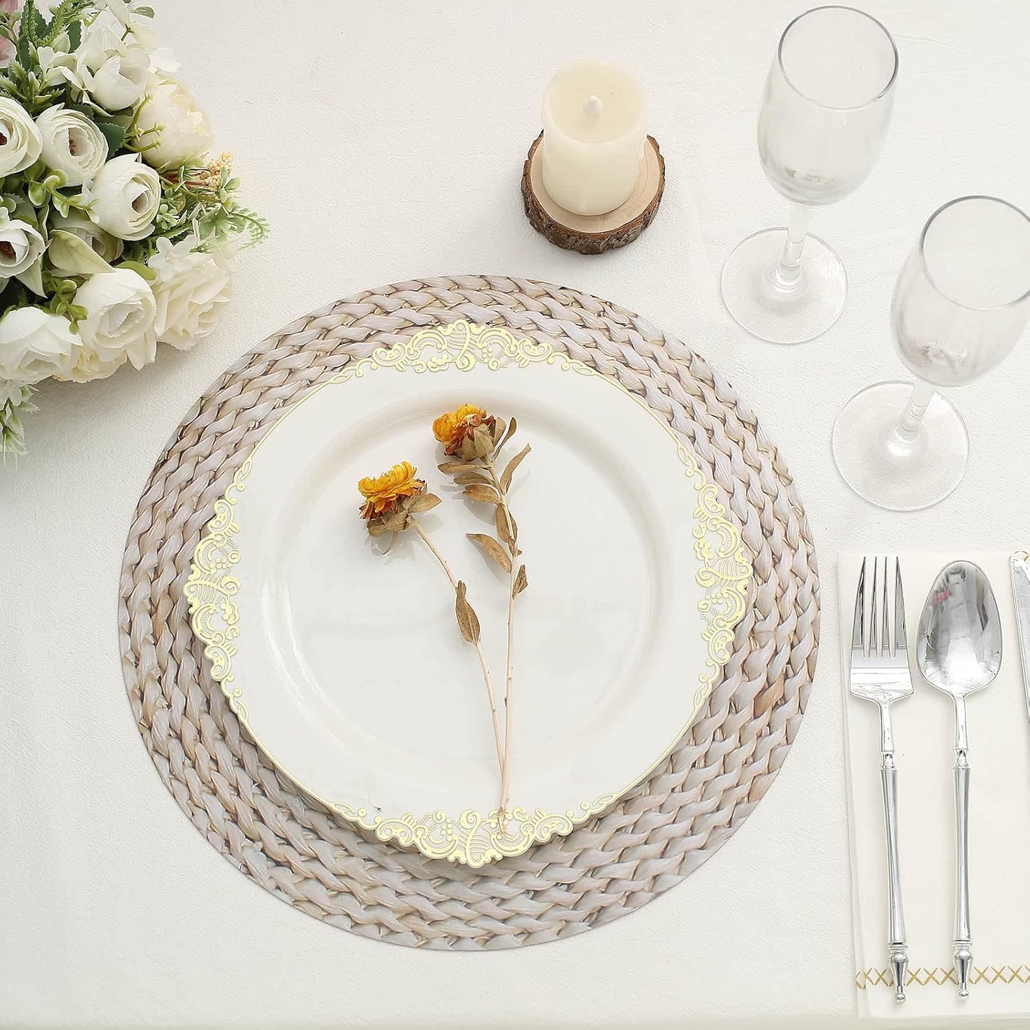 TABLECLOTHSFACTORY – Paquete de 6 bandejas desechables con diseño de ratán tejido de trigo de 13 pulgadas, platos de carga de papel redondos