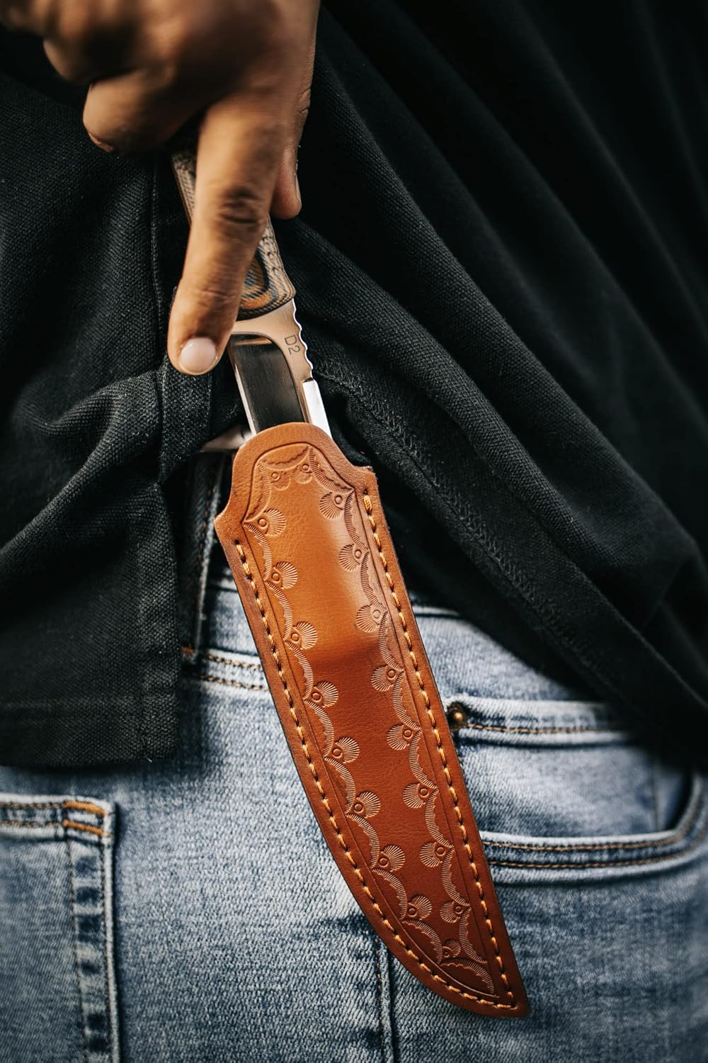 AUBEY Cuchillo de caza de hoja fija de espiga completa con funda de cuero para hombres, hoja D2 cuchillo de supervivencia al aire libre, mango G10