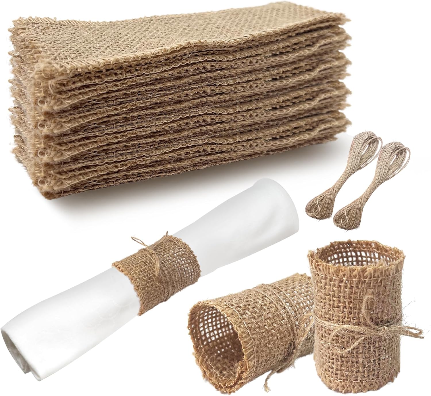 150 servilleteros de arpillera con cuerda de cáñamo, lazos rústicos de yute para servilletas, servilleteros de naturaleza para servilletas, granja,