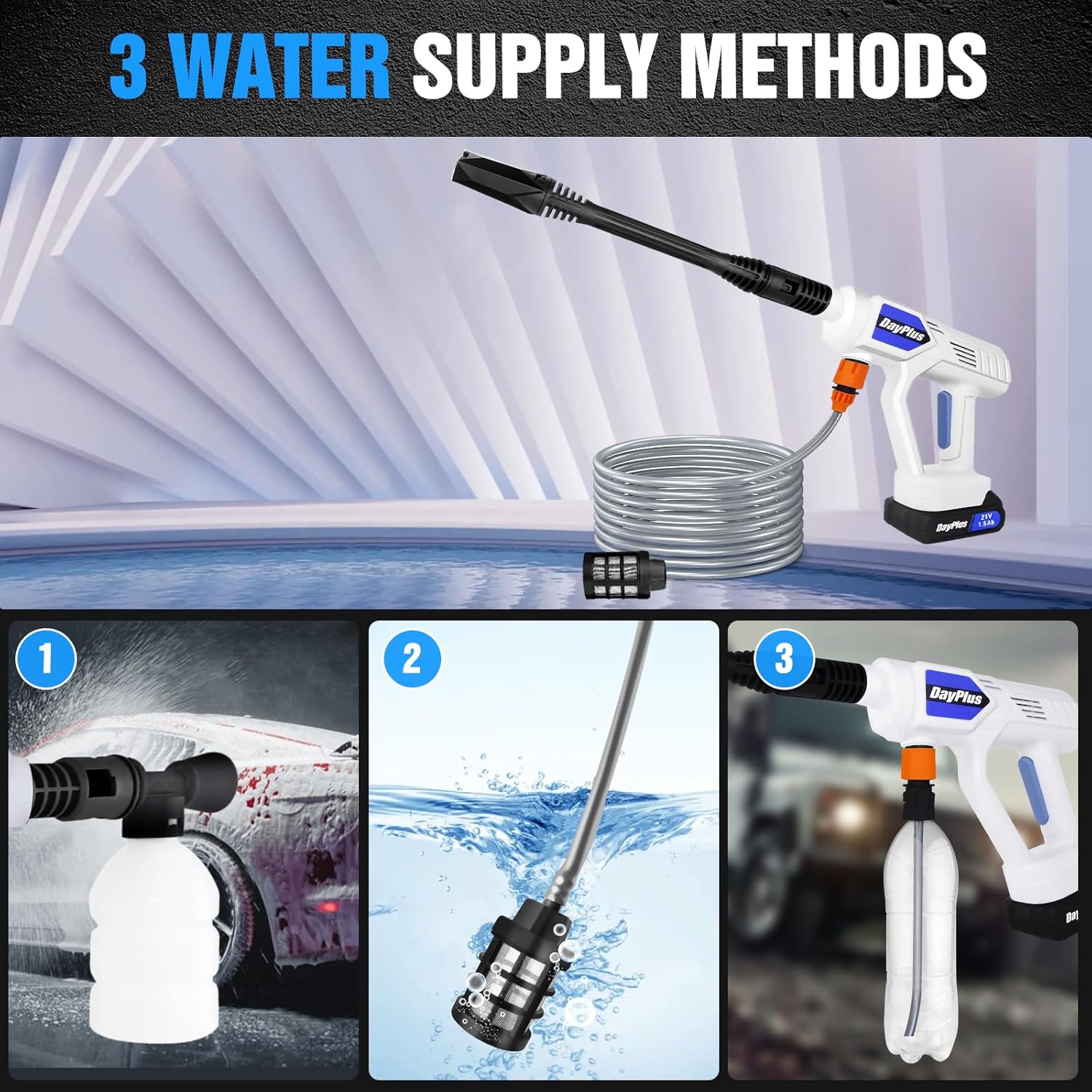 Lavadora a presión inalámbrica de 21 V, lavadora portátil a batería con filtro de espuma, tanque de agua, limpiador de boquilla ajustable 6 en 1 de