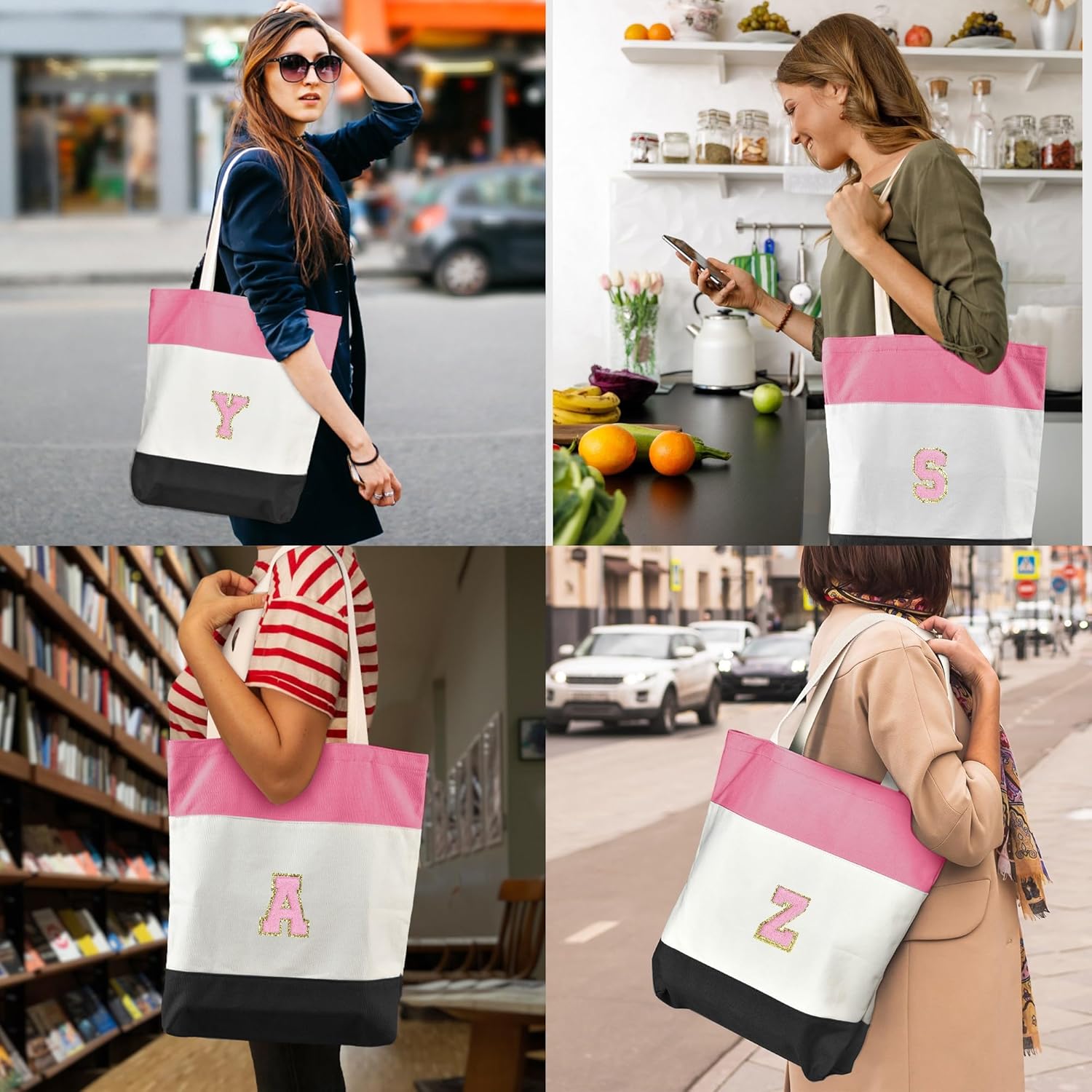 Initial Tote Bag for Women Canvas Beach Travel Bag Personalized Reusable Grocery Bags Gifts for HerWomenBridesmaidsGirls
