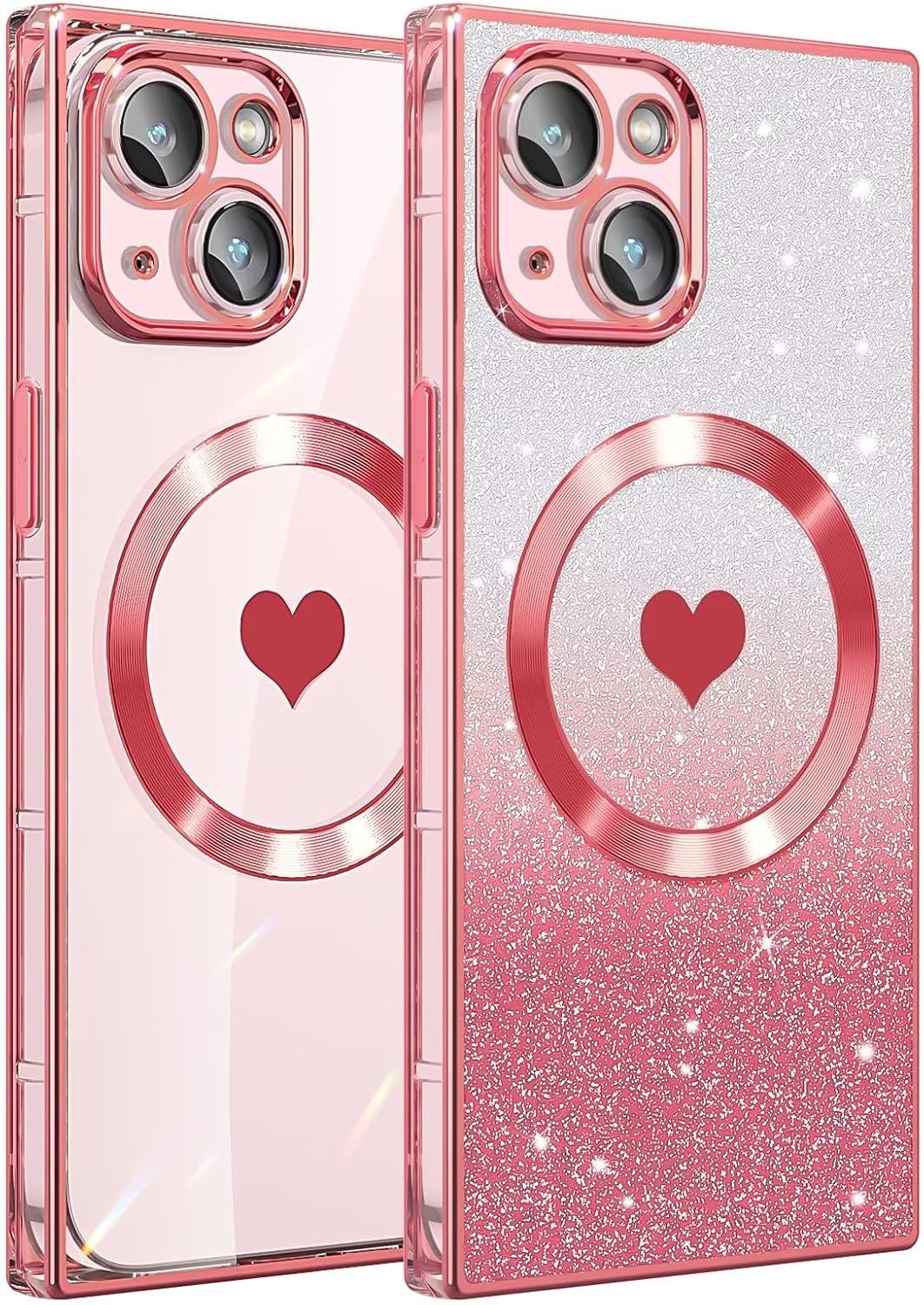 Funda magnética cuadrada para iPhone 15 Plus compatible con MagSafe protección completa de la lente, patrón de corazón lindo y cubierta brillante