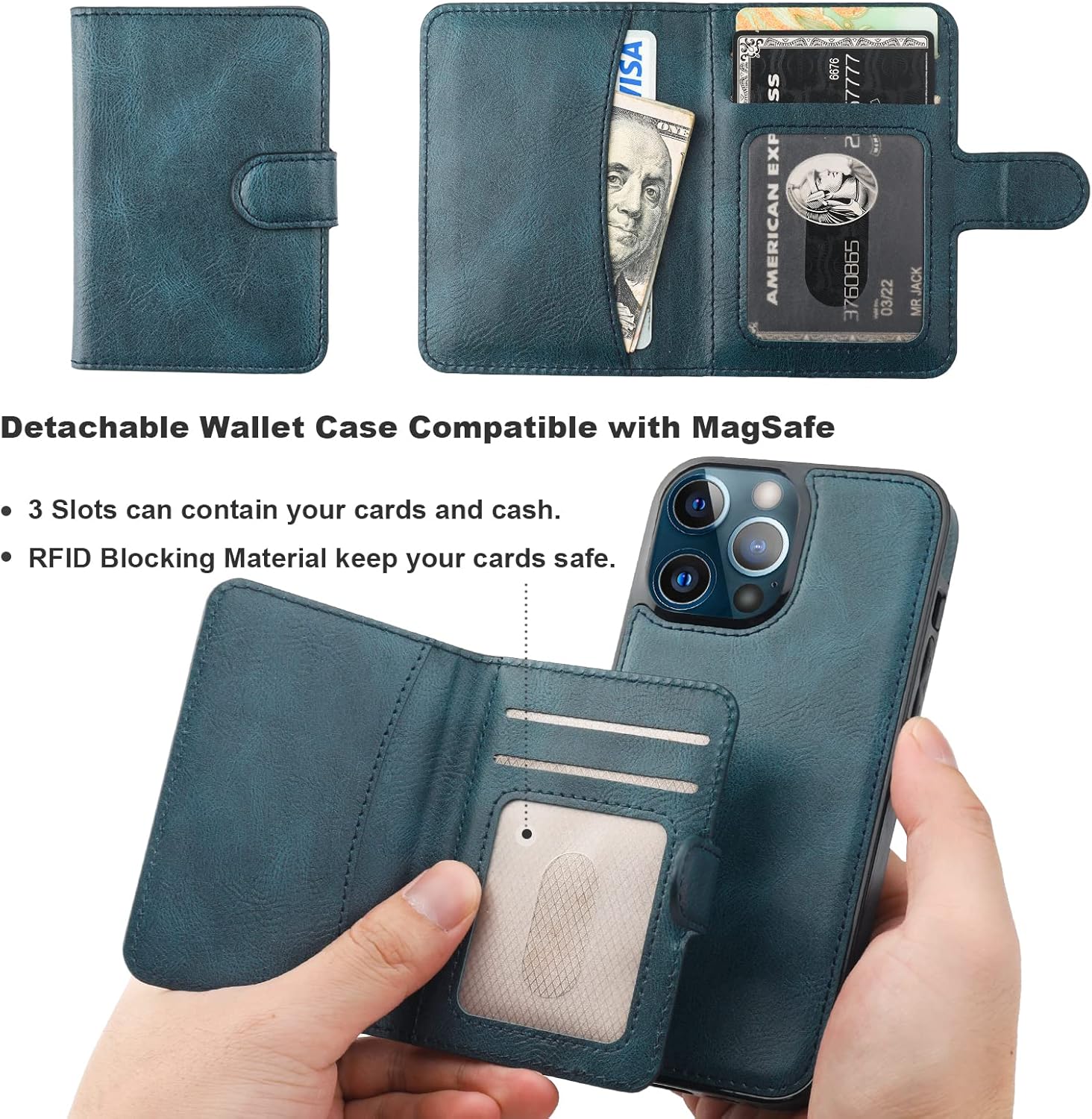 Bocasal Funda tipo cartera para iPhone 13 Pro Max compatible con MagSafe magnético RFID bloqueo desmontable de piel sintética de alta calidad con